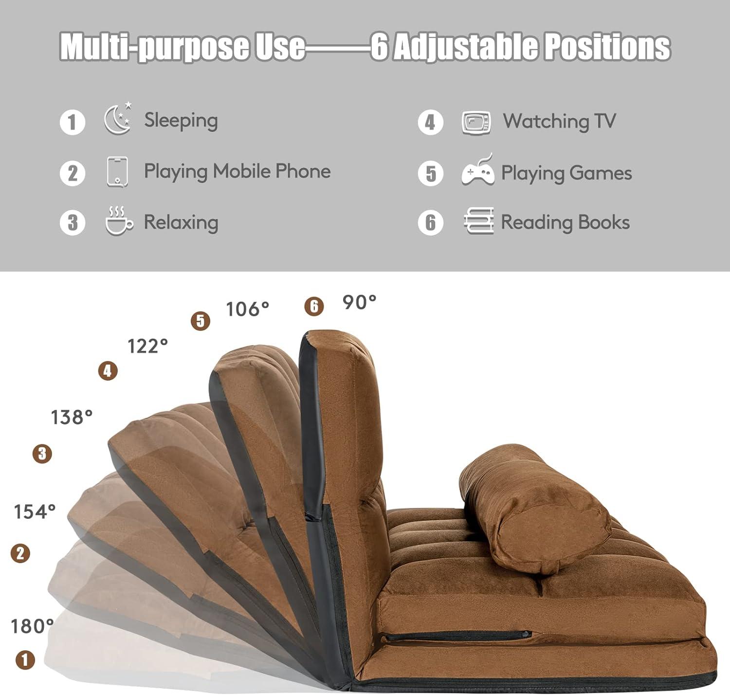 XIAOTAO Adjustable Floor Sofa, 6-Position Foldable Lazy Sofa Bed, Durable & Stable Suede Floor Seating Couch with 2 Pillows (Brown)