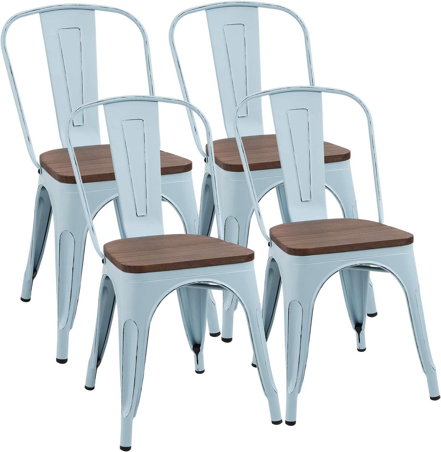 Furmax Metal Dining Chair Indoor Outdoor Use Stackable Chic Side Classic Trattoria Metal Chairs Set of 4 for Kitchen, Dining Room, Bistro and Cafe (Distressed White)