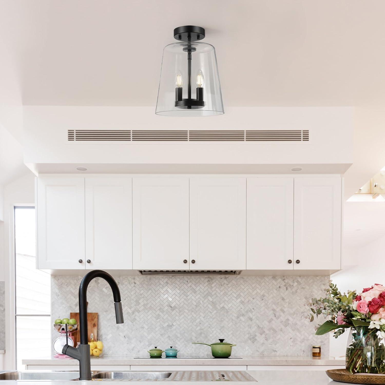 GLOBE Electric 66000083 2-Light Semi-Flush Mount Ceiling Light, Matte Black, Glass Shade, E12 Base Sockets, Ceiling Light Fixture, Home Improvement, Bedroom Lights for Ceiling, Dining Light Fixture