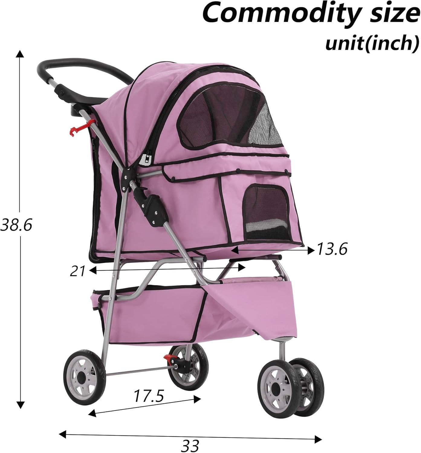 Pink 3-Wheel Foldable Waterproof Dog Stroller with Storage