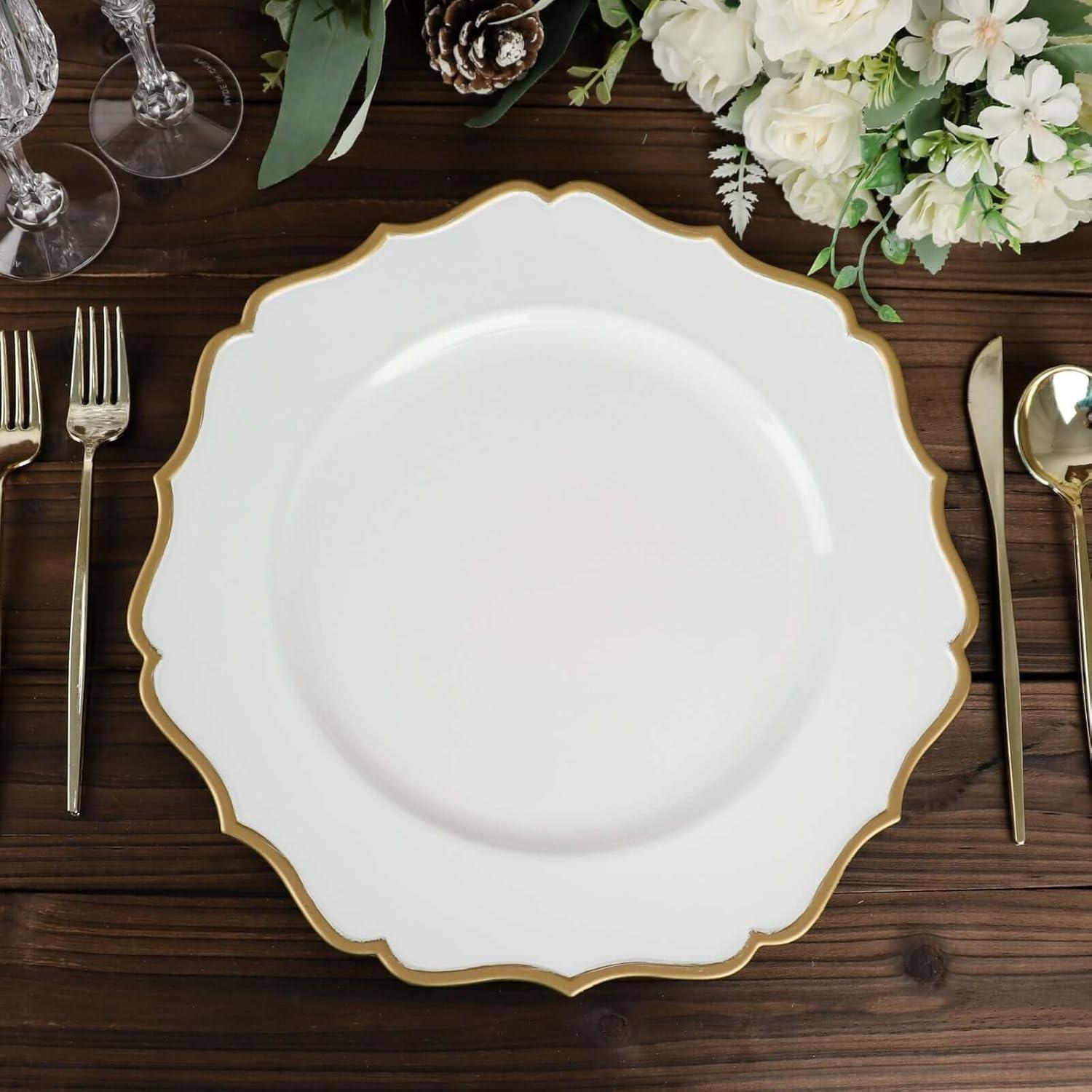 Efavormart 6 Pack | White & Gold 13" Round Scallop Rim Plastic Charger Plates, Tabletop Dinnerware Decor