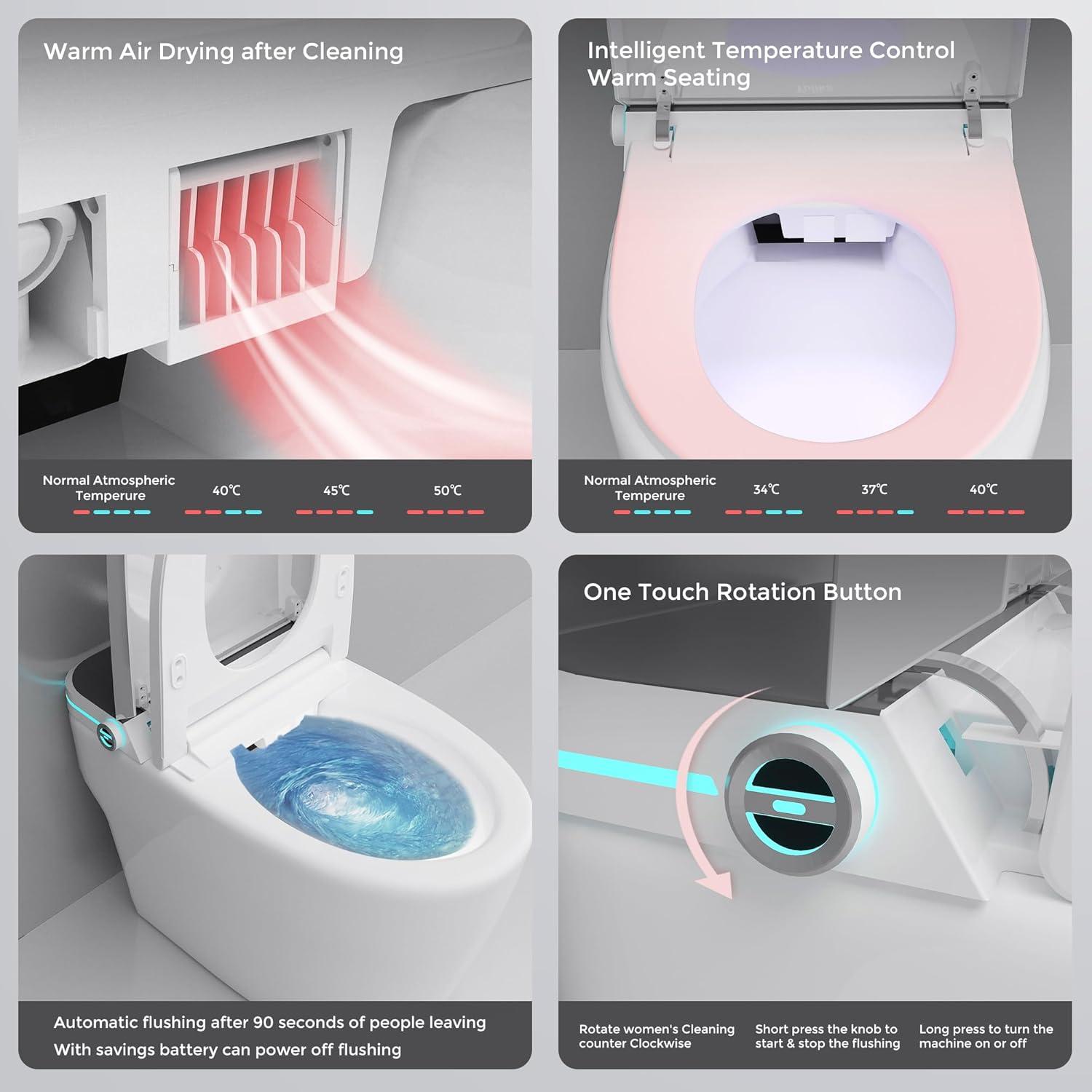 Auto Open/Close Lid Smart Toilet Bidet with Built-in Tank, Auto Flush & Wash, Elongated Heated Seat, Adjustable Water Temperature, and LED Light (1.28GPF)