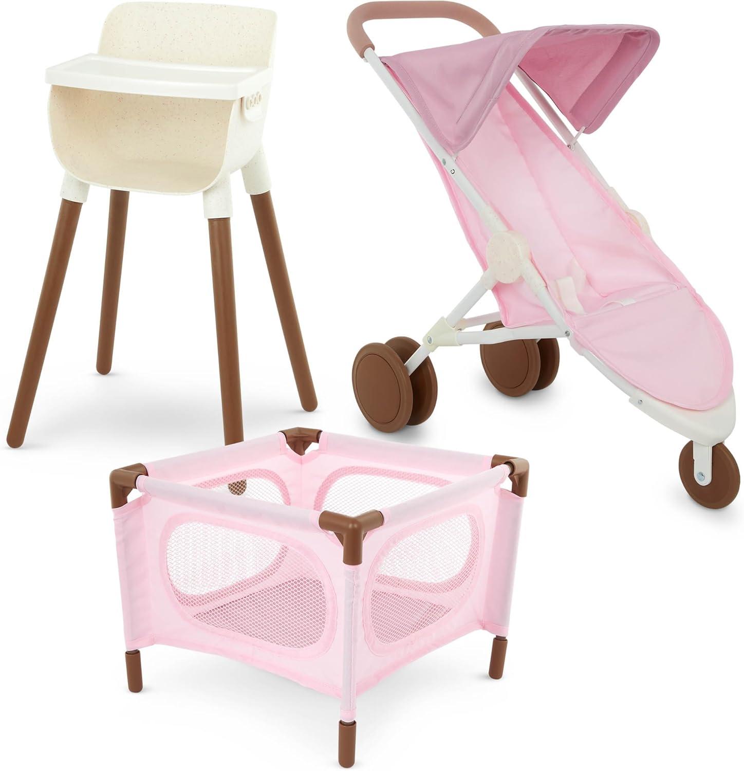 LullaBaby Pale Pink and Brown Doll Nursery Playset with High Chair, Playpen & Stroller