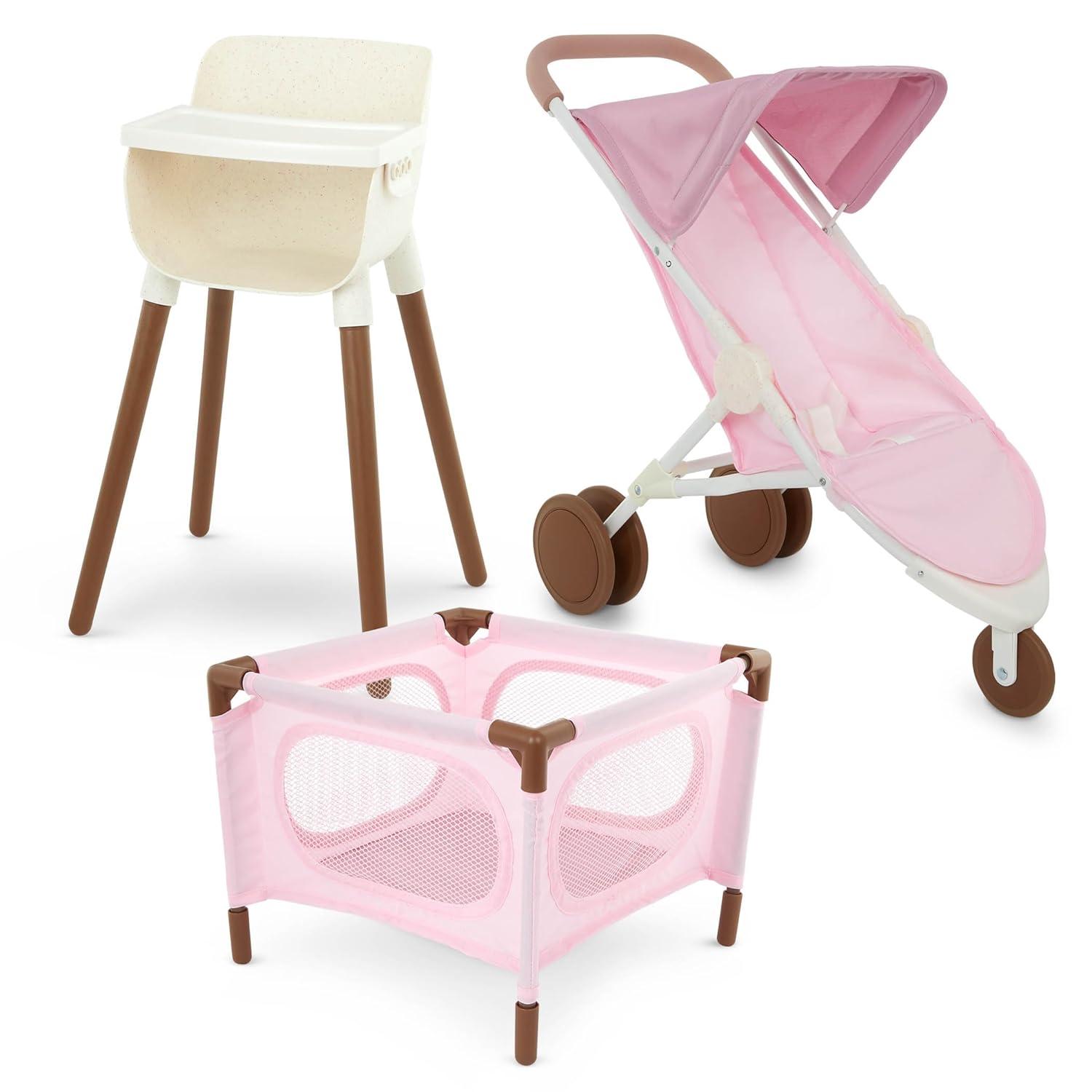 LullaBaby Pale Pink and Brown Doll Nursery Playset with High Chair, Playpen & Stroller