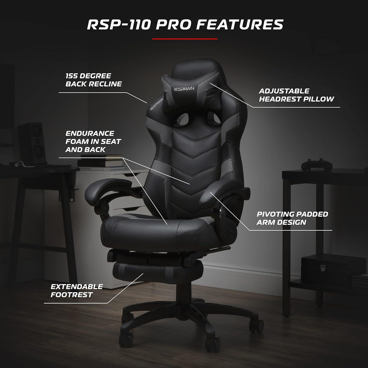 Respawn RESPAWN 110 Pro Gaming Chair - Gaming Chair with Footrest, Reclining Gaming Chair, Video Gaming Computer Desk Chair, Adjustable Desk Chair, Gaming Chairs For Adults With Headrest Pillow