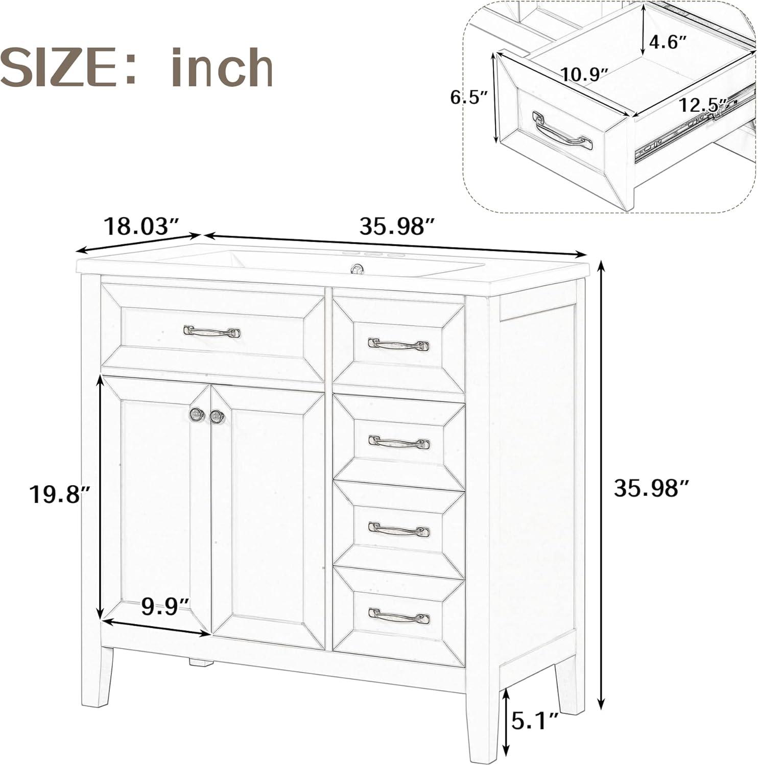 Churanty 36" Bathroom Cabinet Vanity with Sink Combo, White Bathroom Storage Cabinet with 3 Drawers and Two Doors, Solid Wood Frame and MDF Board