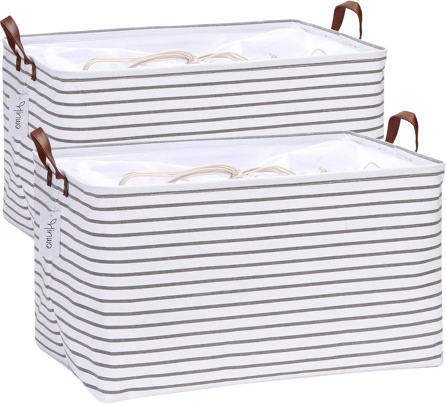 Hinwo 2-Pack Extra Large Canvas Fabric Storage Baskets with Handles, 70L Oversized Storage Bins, Collapsible Storage Box, Clothes, Toys, Blankets Organizers, 22 x 15 x 13 inches, (Purple Stripe)