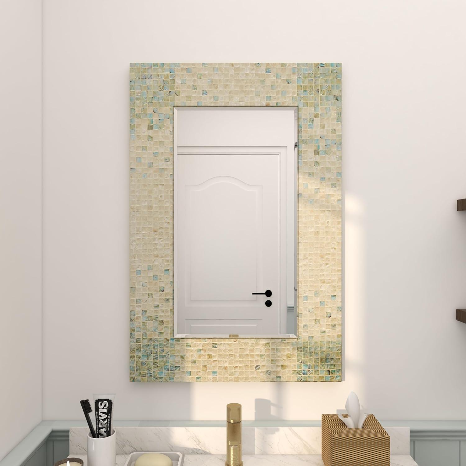 Coastal Charm Cream and Aqua Mosaic Wall Mirror 24" x 36"