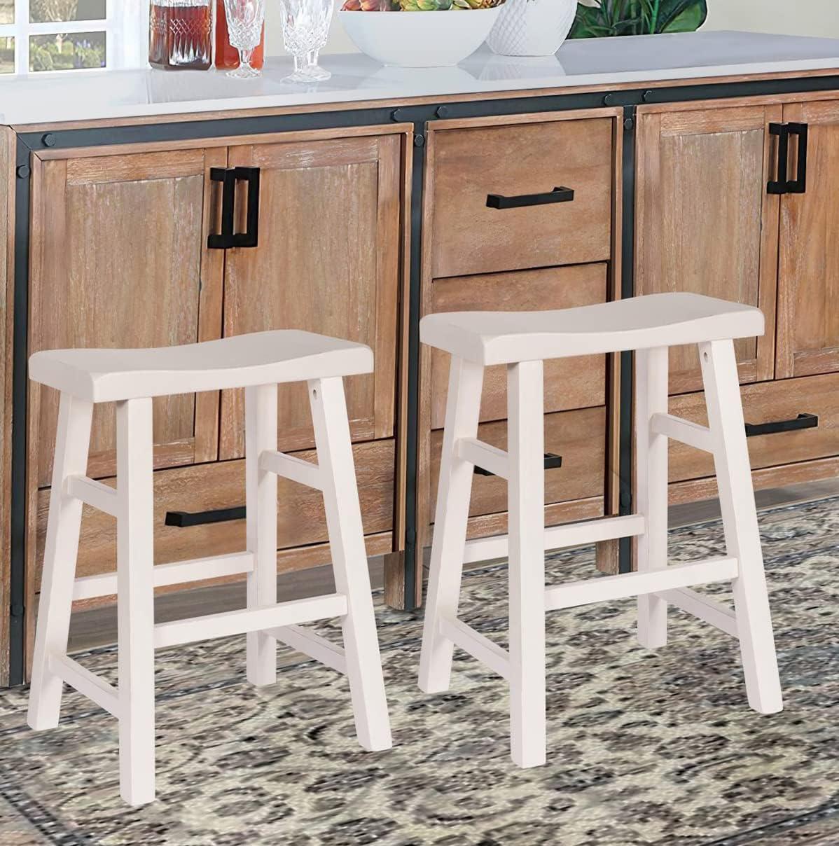 eHemco Heavy-Duty Solid Wood Saddle Seat Kitchen Counter Height Barstools, 24 Inches, Set of 2, White
