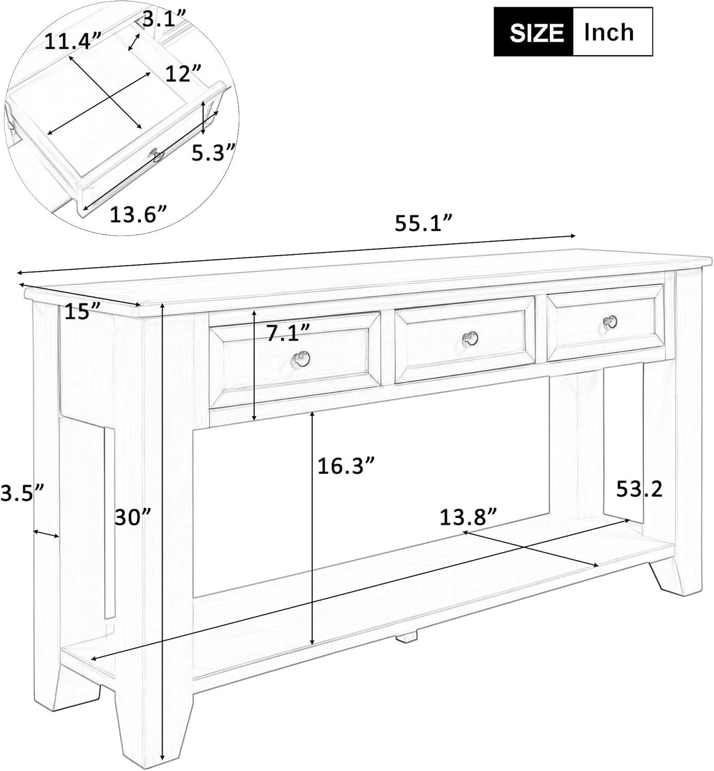 Qumbnk Sofa Table with 3 Drawers and 1 Shelf, 55" Wood Console Table for Living Room, Home, Black