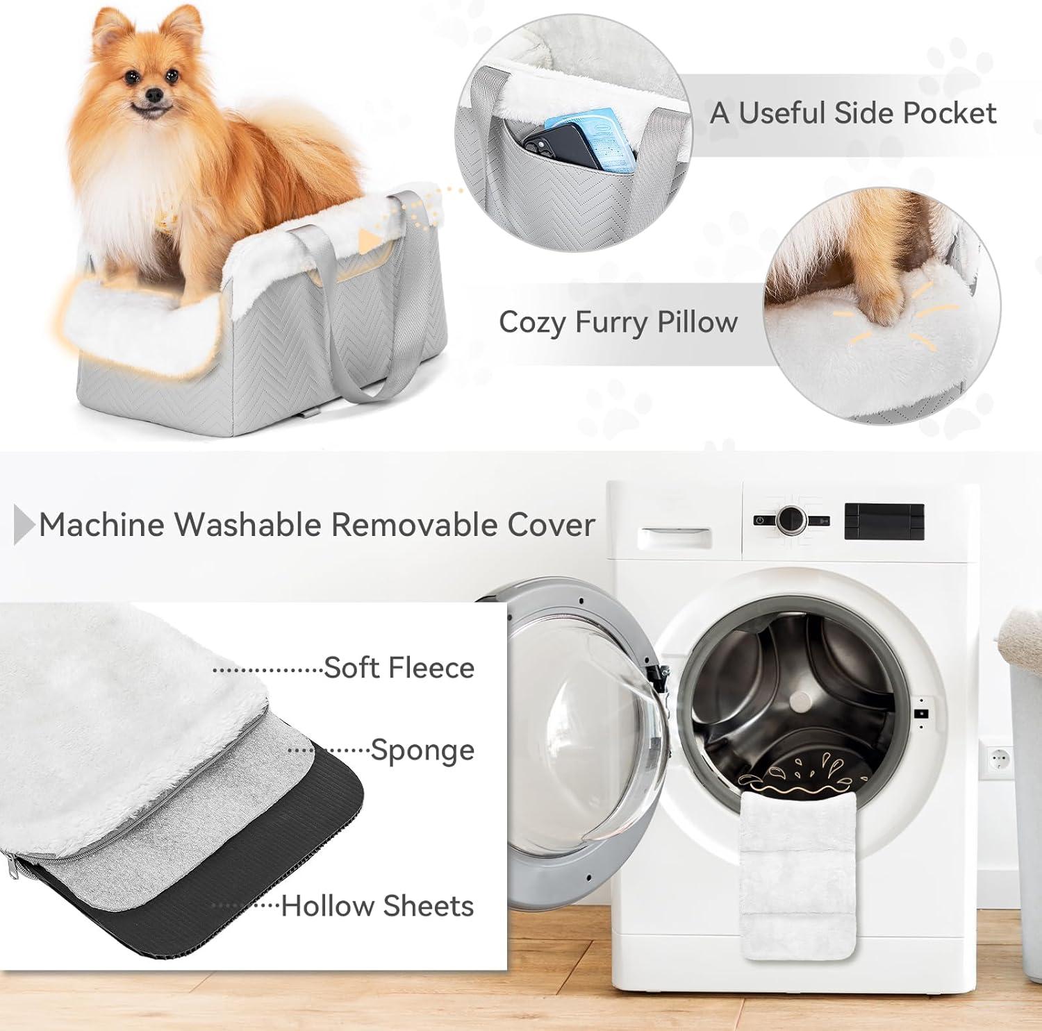 PETSFIT Small Dog Car Seat, Portable Dog Seat for Car with Safe Protective Hooks, Luxury Dog Console Car Seat,Up to 12 lbs,Grey