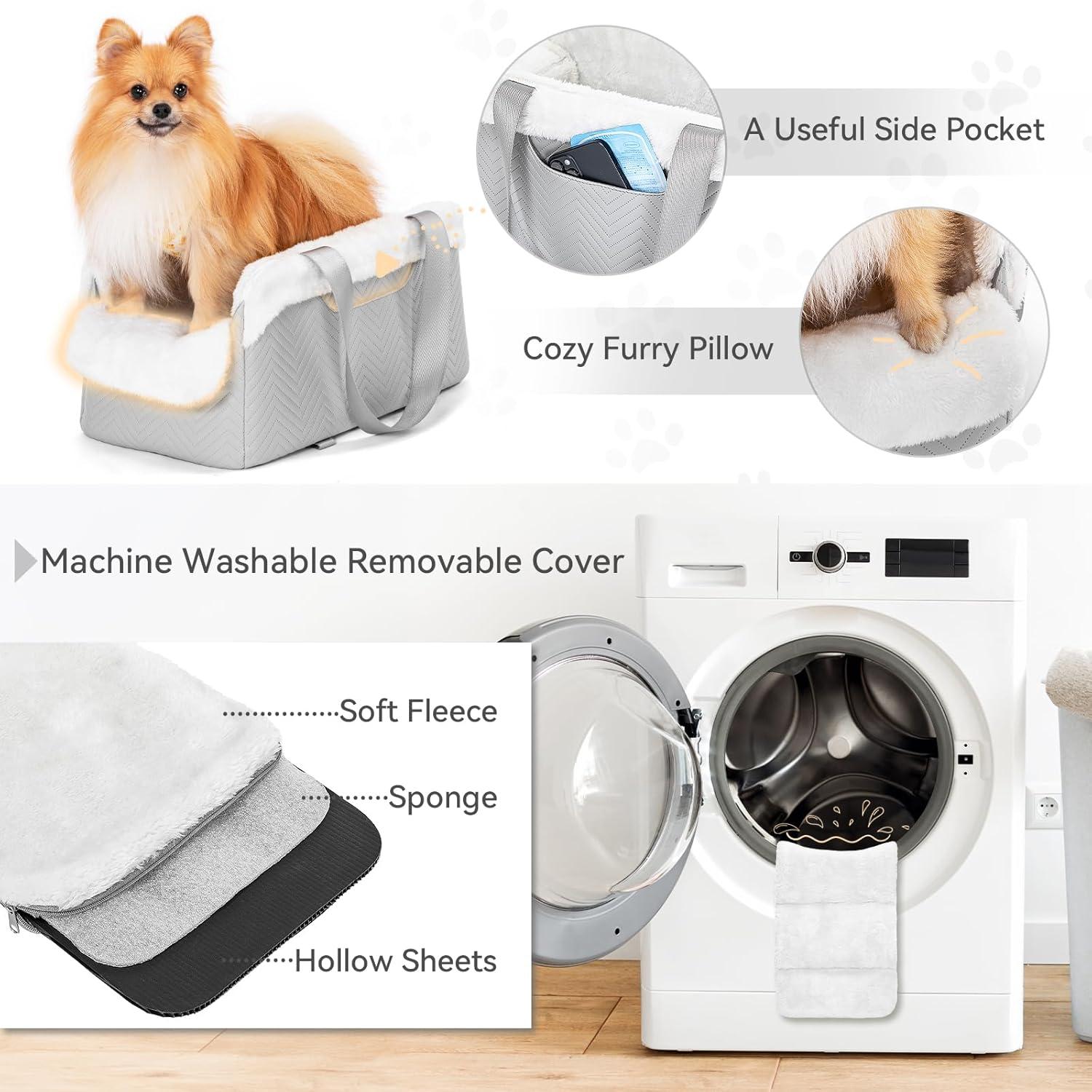 PETSFIT Small Dog Car Seat, Portable Dog Seat for Car with Safe Protective Hooks, Luxury Dog Console Car Seat,Up to 12 lbs,Grey