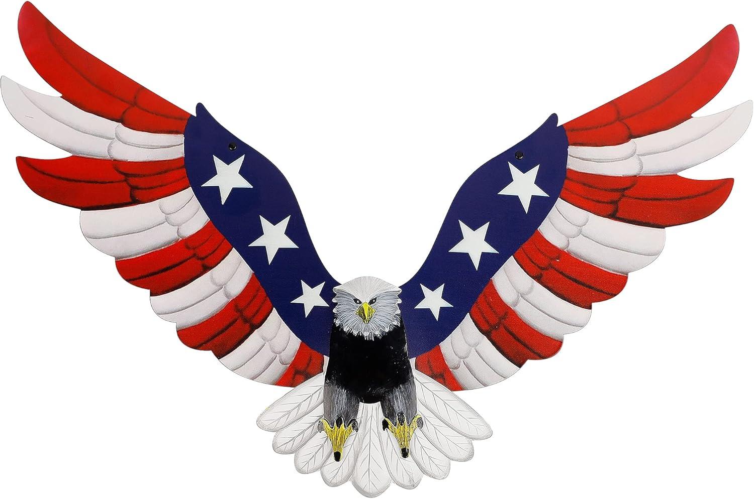 Metal American Flag Bald Eagle Wall Art Hanging Patriotic Sculpture Handmade Centerpiece Decoration for Indoor Bedroom