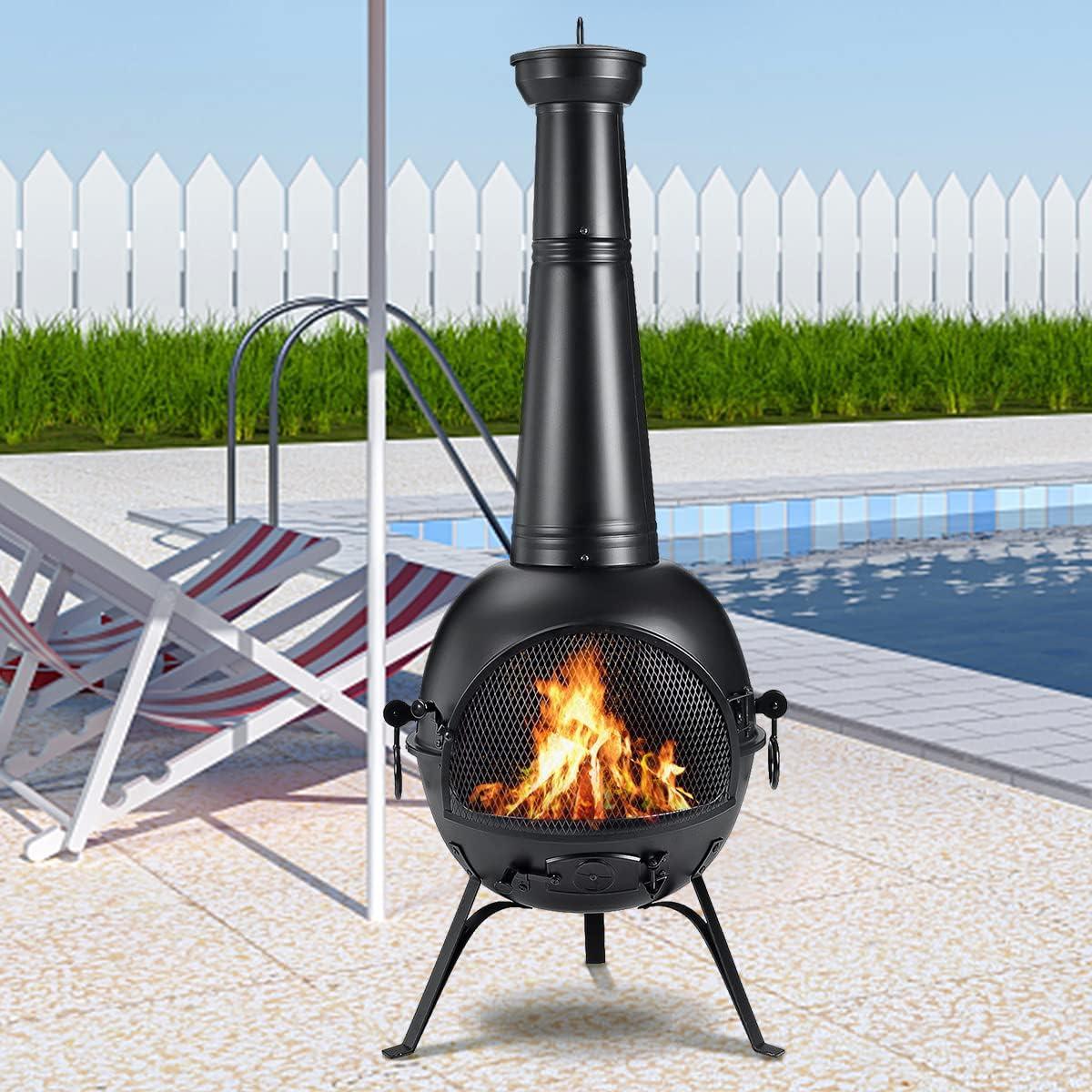 SINGLYFIRE 55 Inch High Fire Pit Fireplace with Chiminea Cover Rust-Free Iron Black