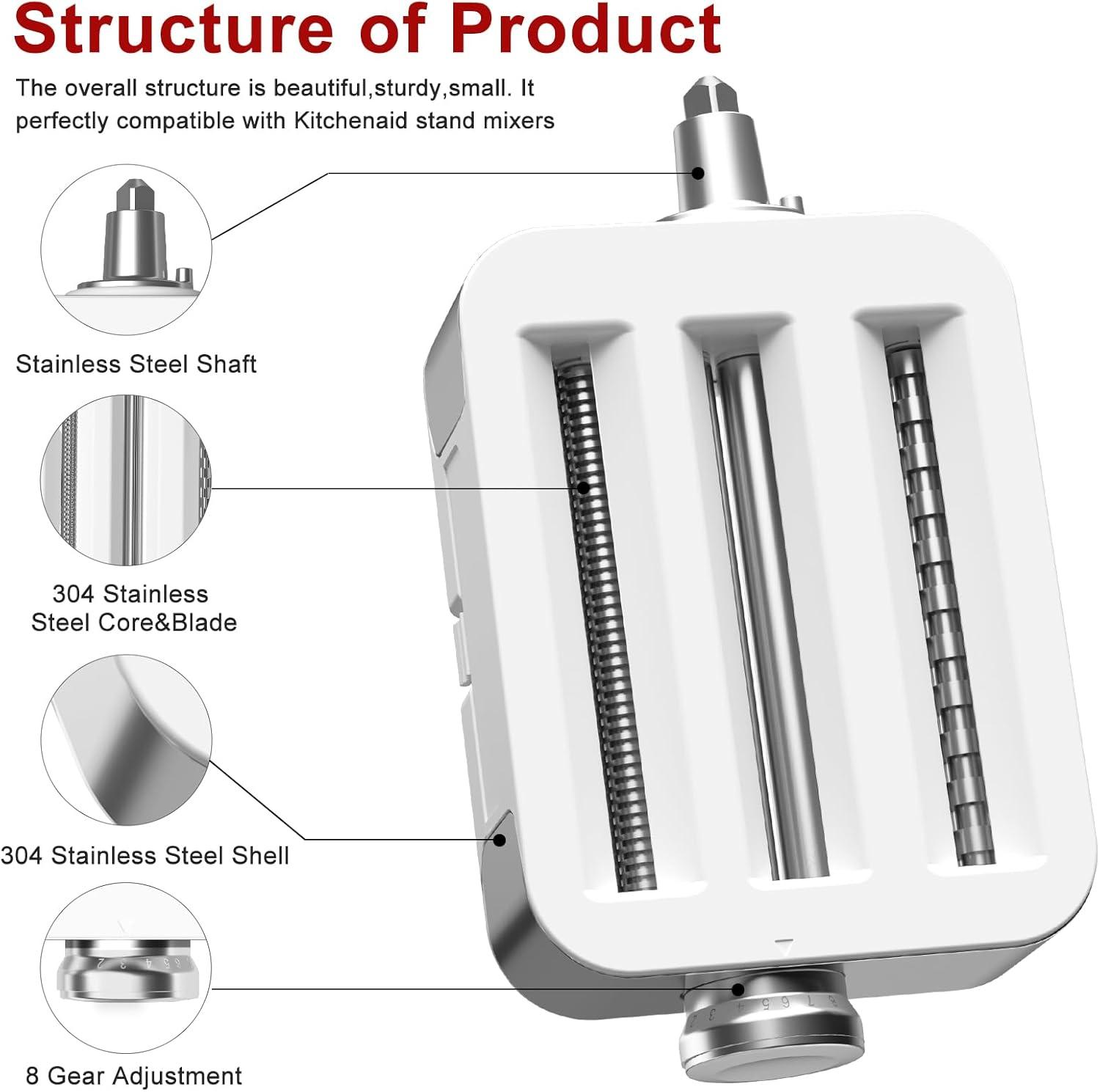 Pasta Maker Accessories Mixers 3 in 1 Set for KitchenAid Stand Mixer Attachments Include Pasta Roller, Spaghetti,Fettuccine Cutter, 8 Adjustable Thickness Settings，Pasta Maker Attachment