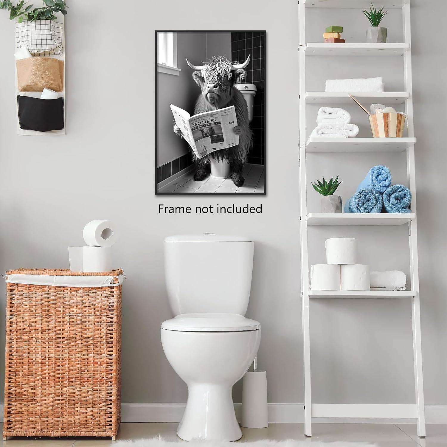 Yaasilinage Highland Cow Canvas Wall Art, Cow Sitting on The Toilet Reading Newspaper Print Poster, Funny Animal Bathroom Pictures for Toilet Guest Room Wall Decor 12x16in Unframed