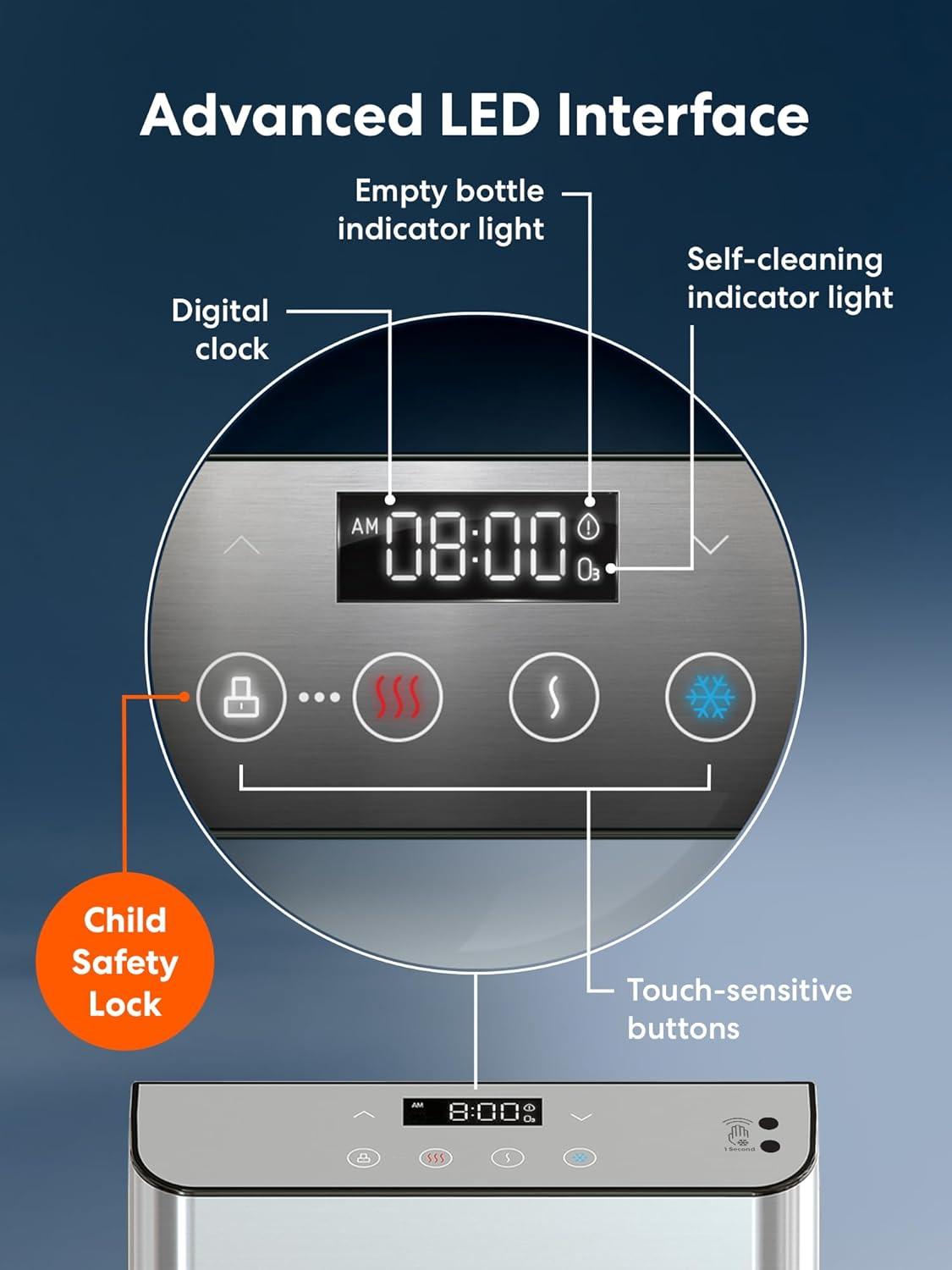 Brio 700 Series Bottom Load Hot, Cold and Room Water Cooler - Self Clean Ozone - Tri Temp W/Touch Dispense - Set Custom Temperature 39°-59°F Cold and 174°–194°F Hot