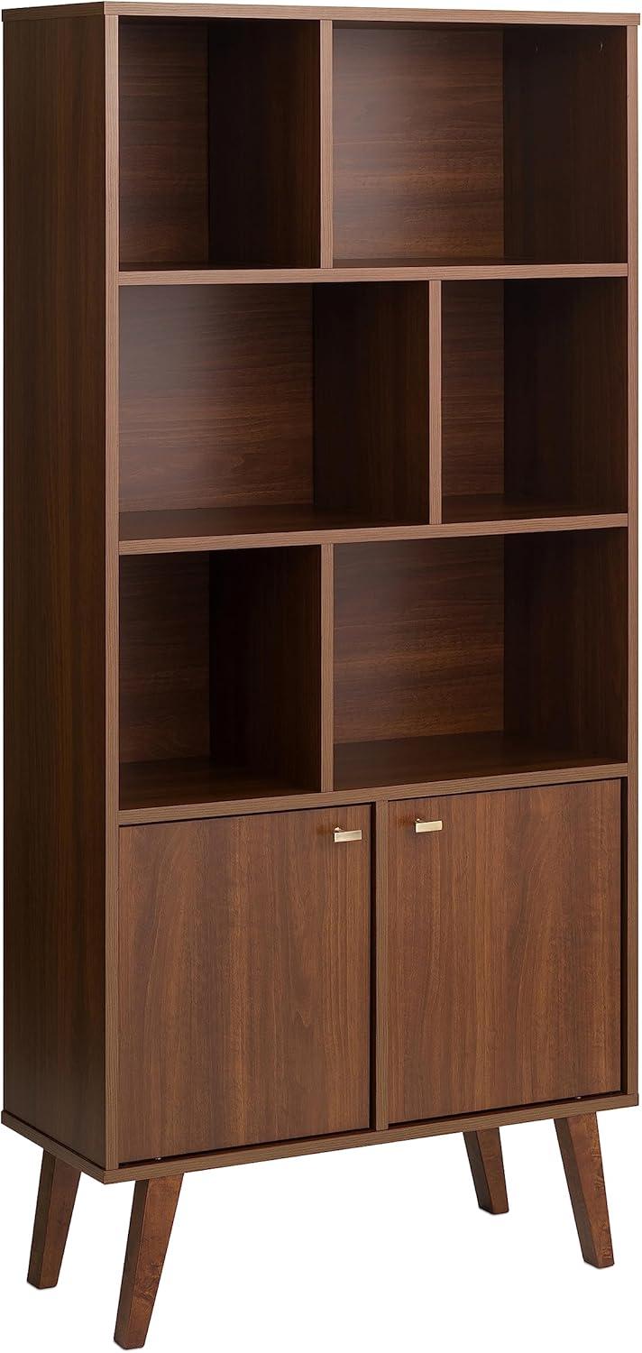 Prepac Milo Mid-Century Modern Bookcase with Inlet Shelves, Two Doors, and Brushed Brass-Finished Knobs, Cherry