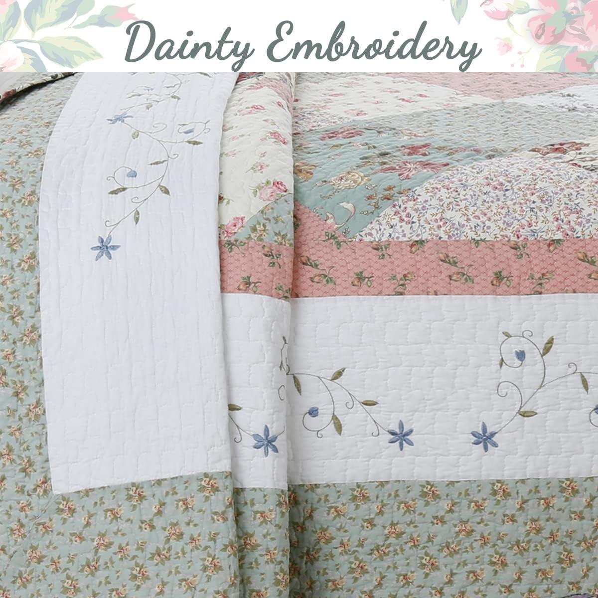 Cozy Line Country Cottage Floral Blue Pink Scalloped Edge Real Patchwork 100% Cotton 3-Piece Reversible Quilt Set, Queen