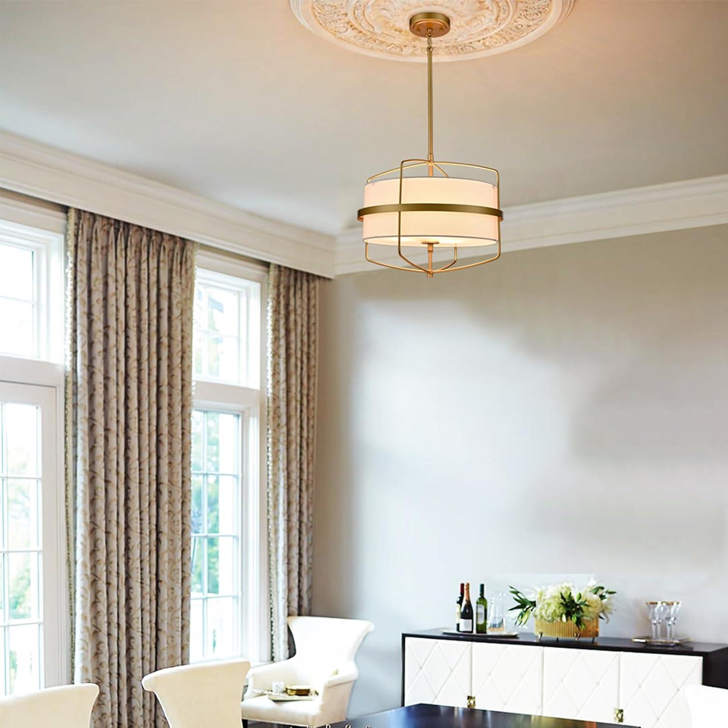 Modern Gold 3-Light Drum Pendant with White Fabric Shade