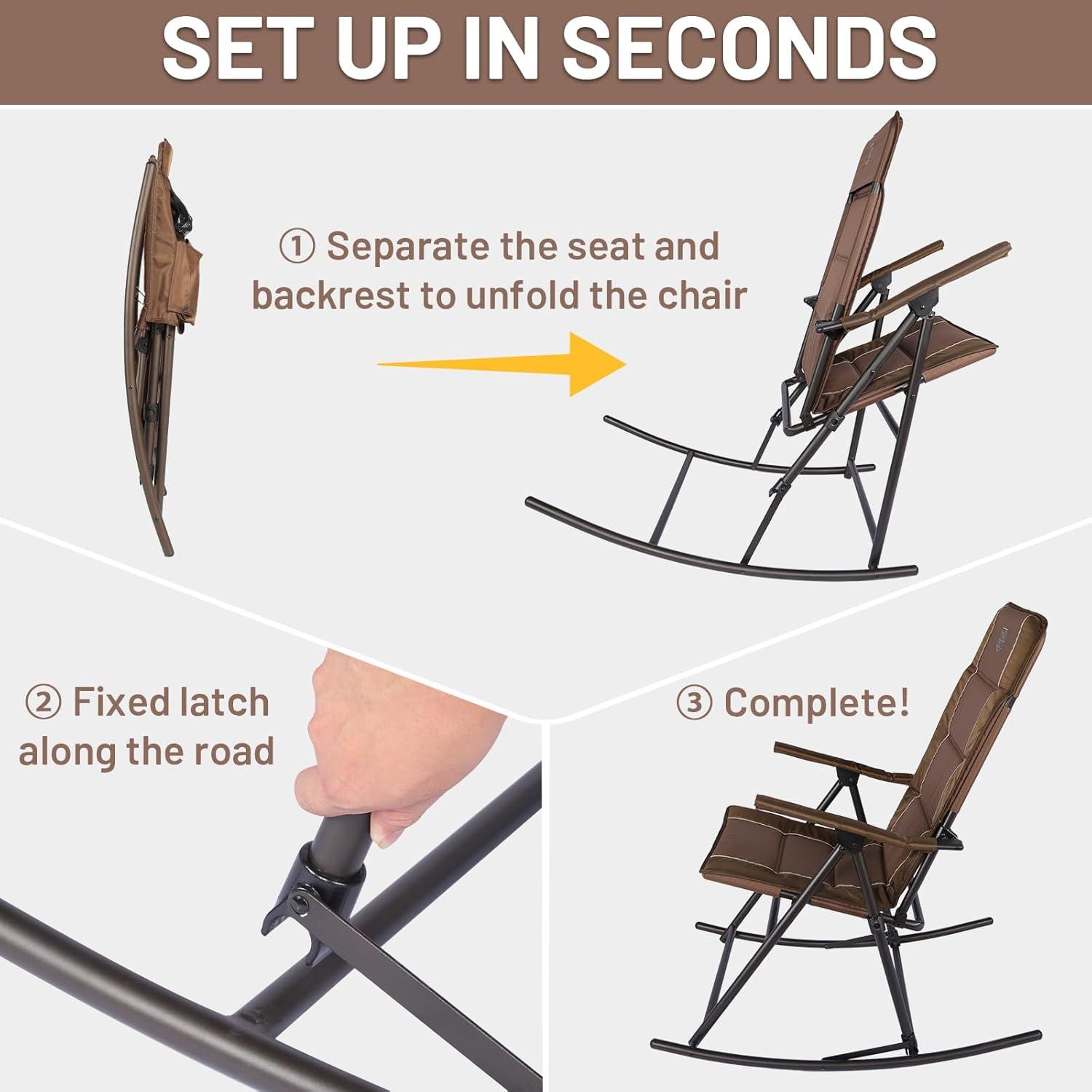TIMBER RIDGE Folding Rocking Camping Chair, Padded High Back Outdoor Rocking Chair with Side Pocket, Portable Rocker Lawn Chairs for Adults, Heavy Duty Supports 300 LBS, Brown-1 Pack