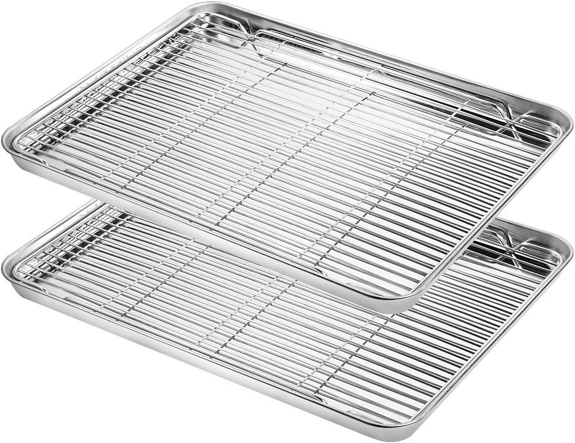 Baking Sheet with Rack Set, Yododo 2 Sets Stainless Steel Baking Pans Tray Cookie Sheet with Cooling Rack, Rectangle Size 16 x 12 x 1 inch, Non Toxic & Healthy- 4 Pack (2 Pans + 2 Racks)