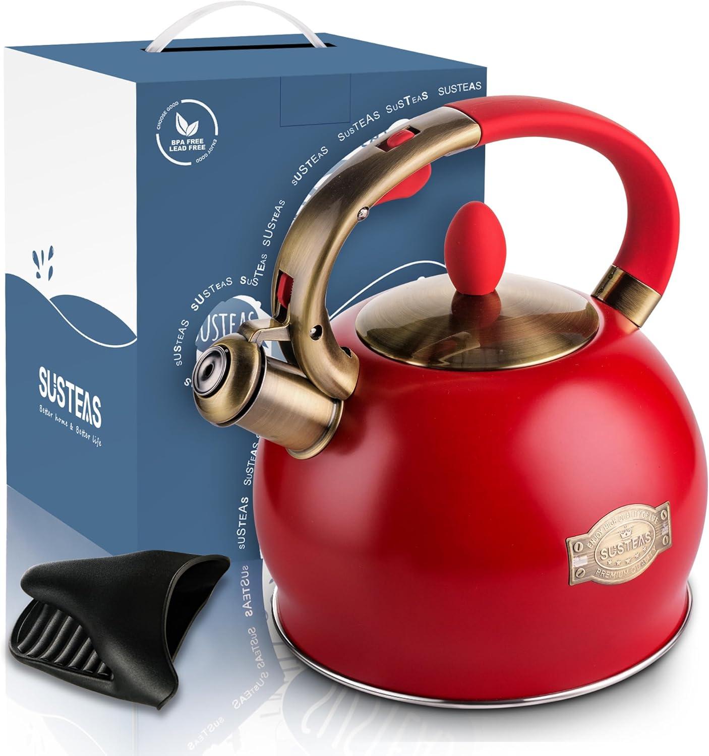 SUSTEAS Retro Tea Kettle for Stove Top, 2.64QT Whistling Teapot with Ergonomic Handle, Red