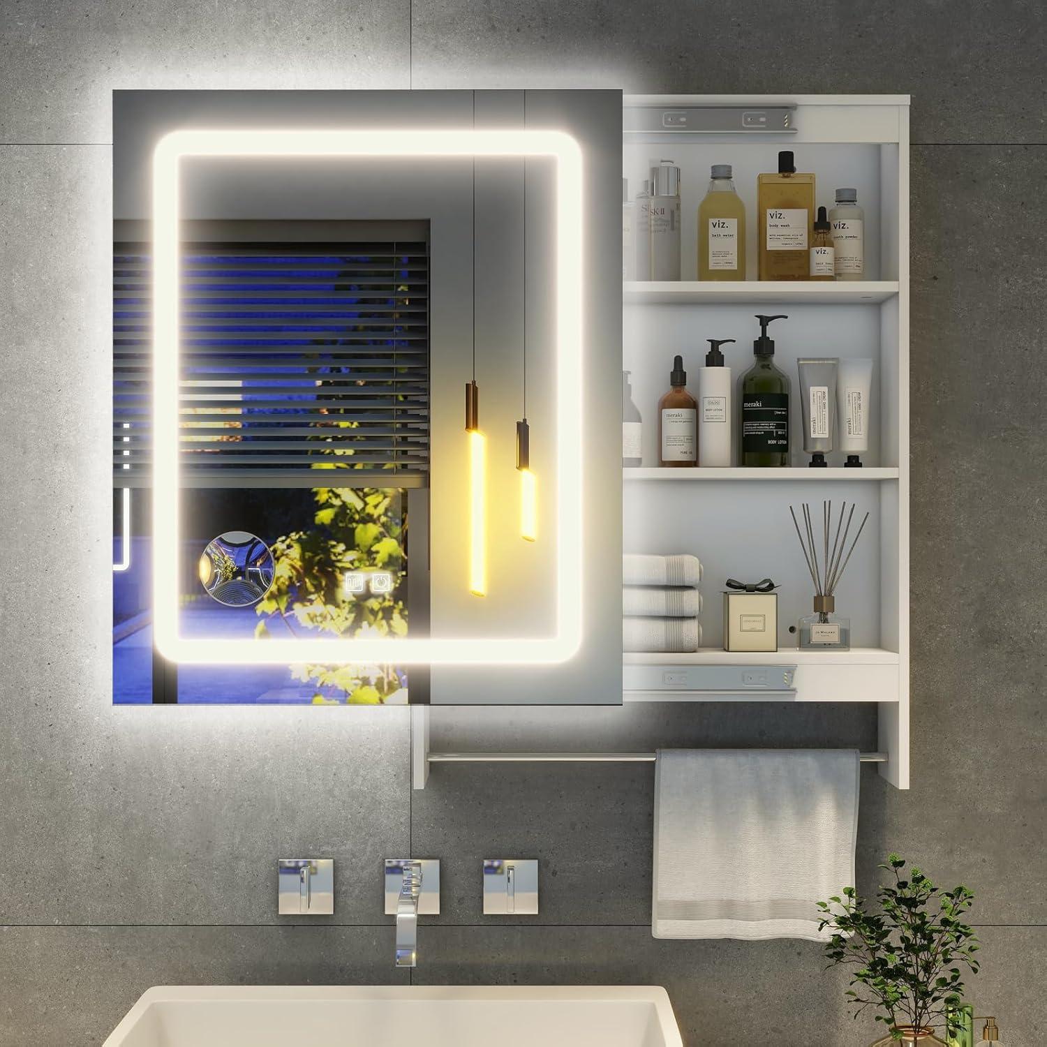 White LED Bathroom Mirror with Triple-Tier Storage and Towel Bar