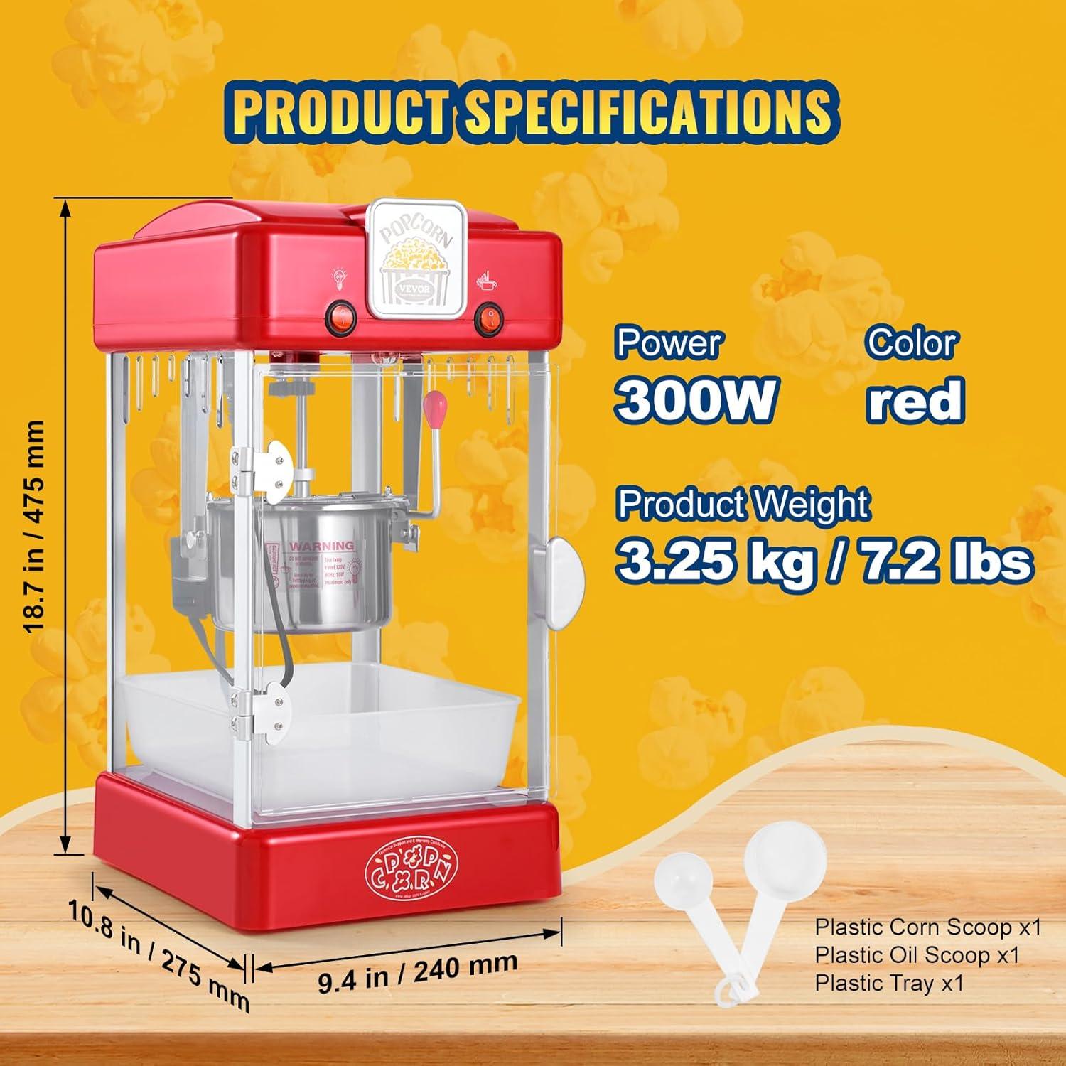Stellweilan Tessberg Popcorn Popper Machine Tabletop Popcorn Maker 300W 2.5 Oz Red