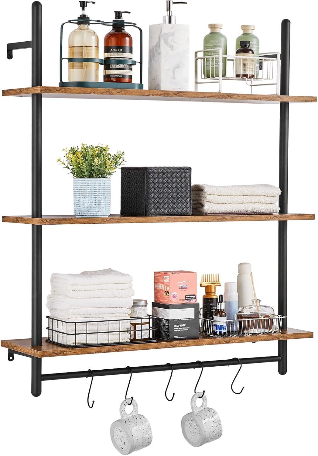 VEVOR Industrial Pipe Shelf, 3 Tier 32x9.84in, Wall-Mount Floating Rustic Wood Shelves Bracket Display Bookshelf, Storage Rack Sundries Holder for Kitchen Bedroom Bathroom Living Room, Black