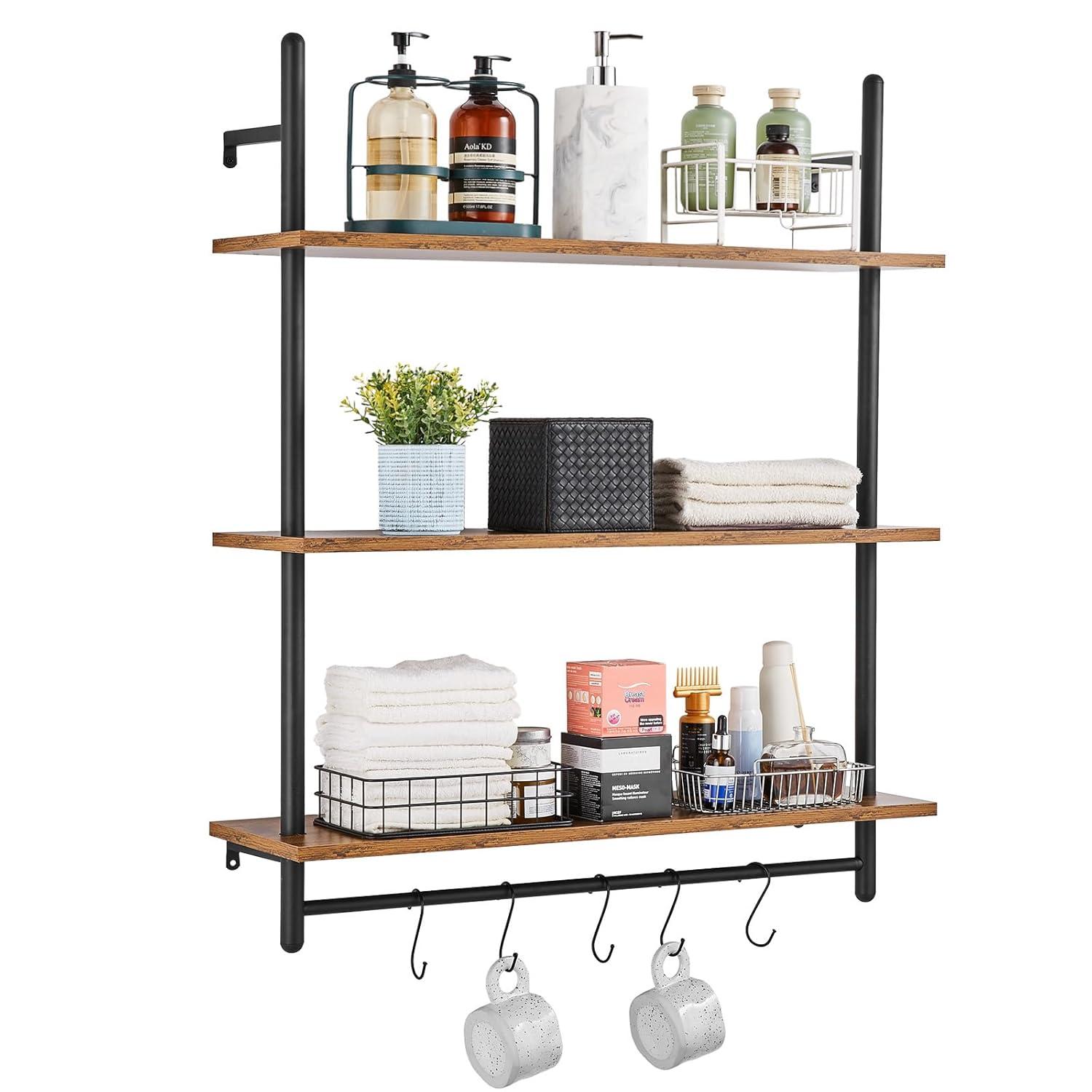 VEVOR Industrial Pipe Shelf, 3 Tier 32x9.84in, Wall-Mount Floating Rustic Wood Shelves Bracket Display Bookshelf, Storage Rack Sundries Holder for Kitchen Bedroom Bathroom Living Room, Black