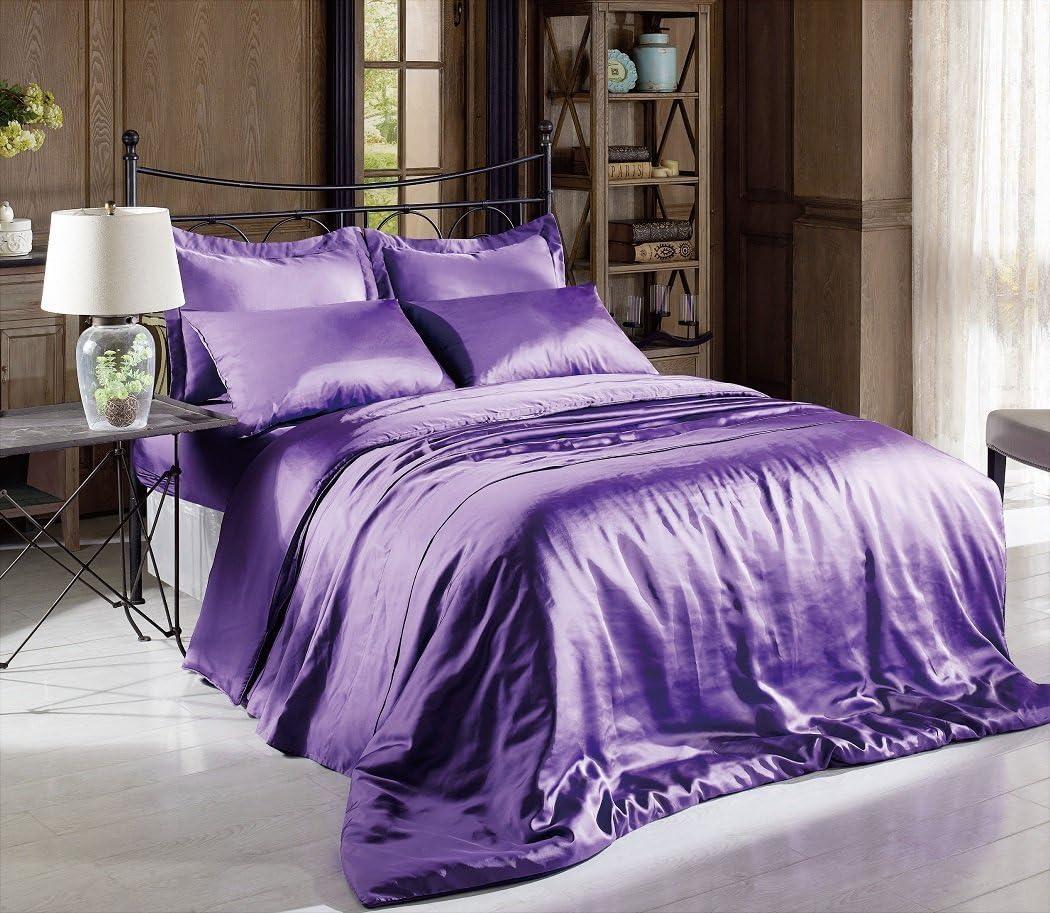 Hight Thread Count Solid Color Soft Silky Charmeuse Satin Luxury and Super Soft Bed Sheet Set (Purple, Queen)