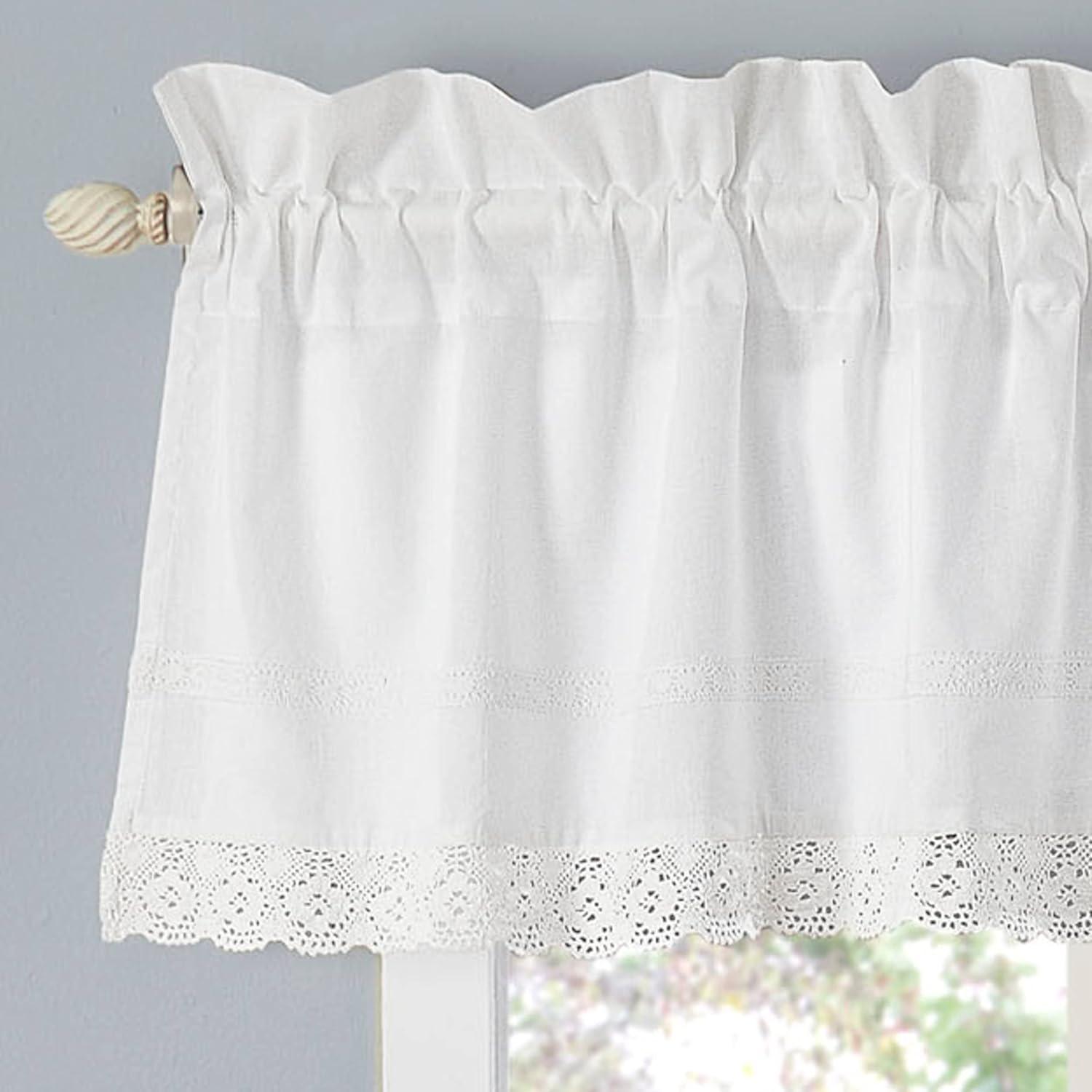 Laura Ashley Annabella White Solid Crocheted 100% Cotton Pole Top Window Valance 18 inches