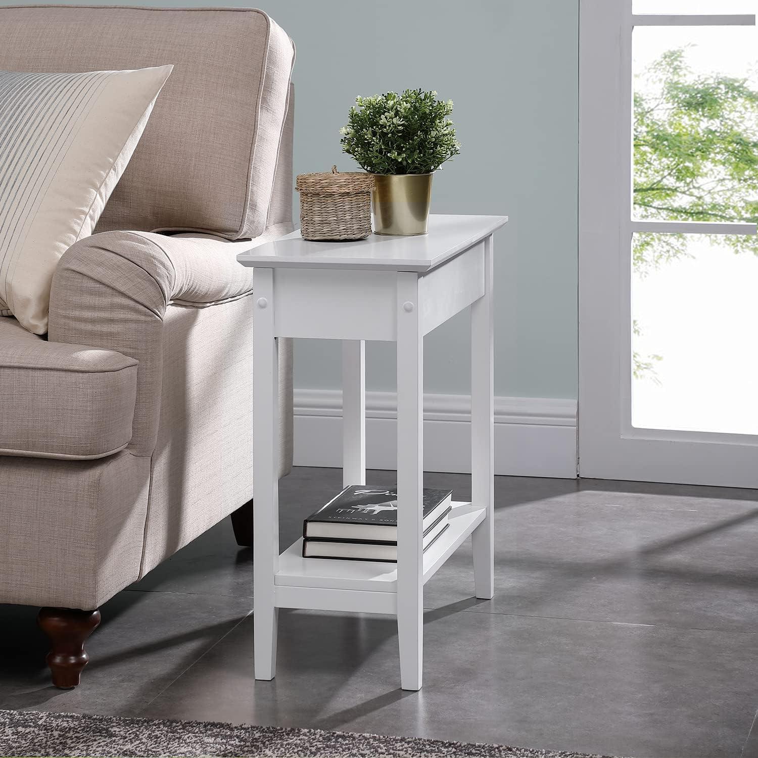 White Slim Rectangular Wood and Metal End Table with Storage