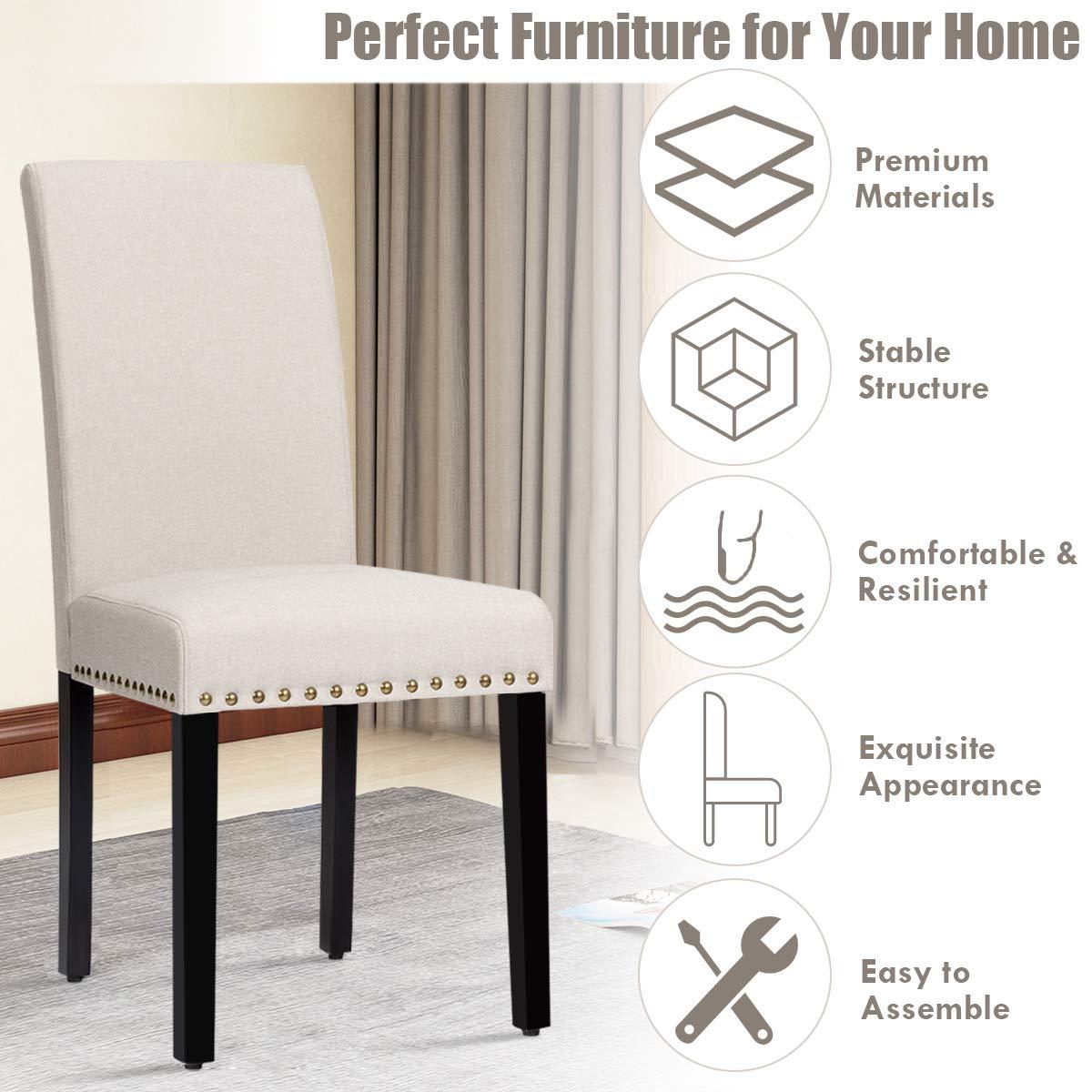 Costway Set of 2 Fabric Dining Chairs Upholstered with Nailhead Trim Beige