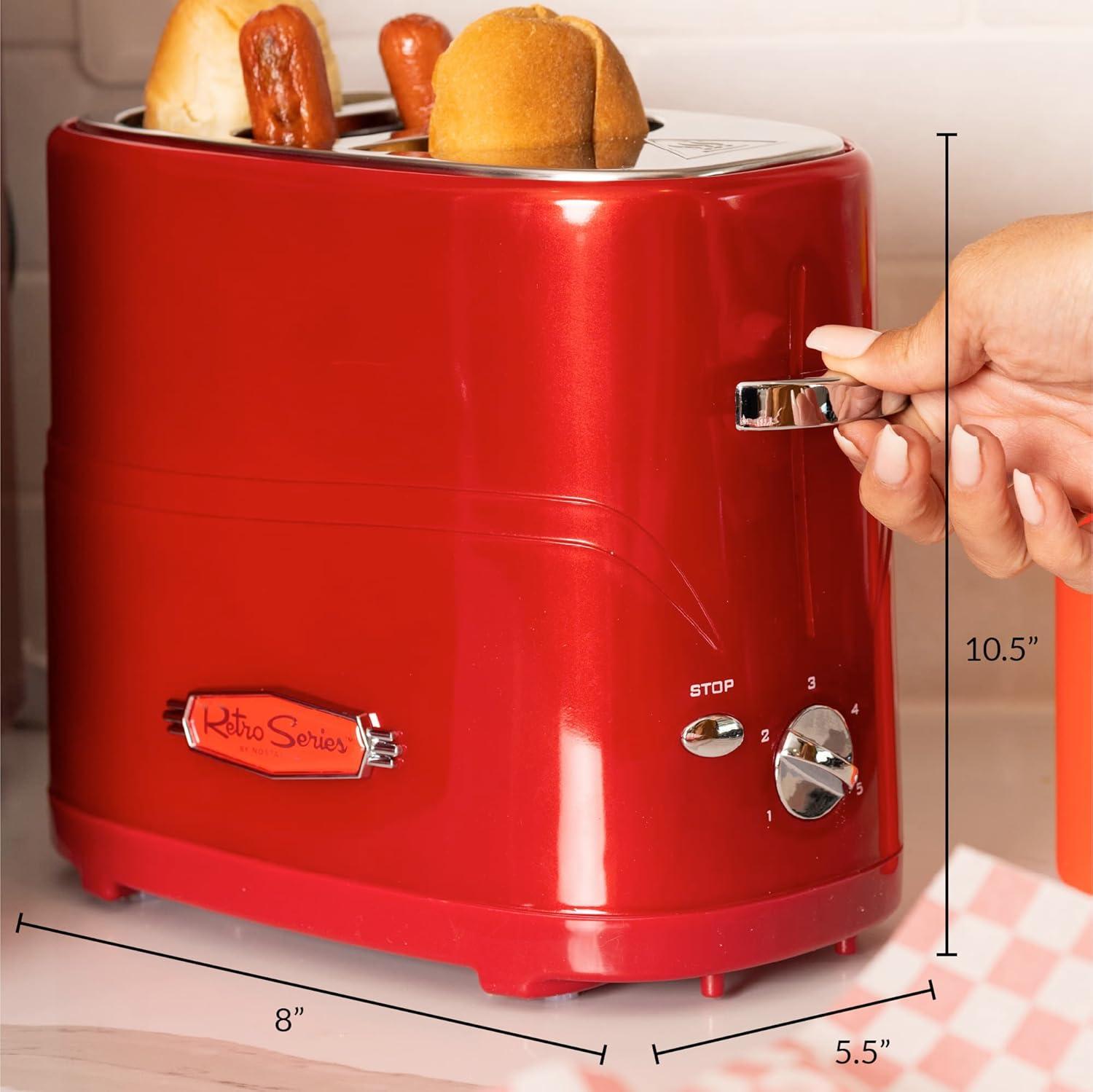 Retro Red 2-Slice Hot Dog and Bun Toaster with Mini Tongs