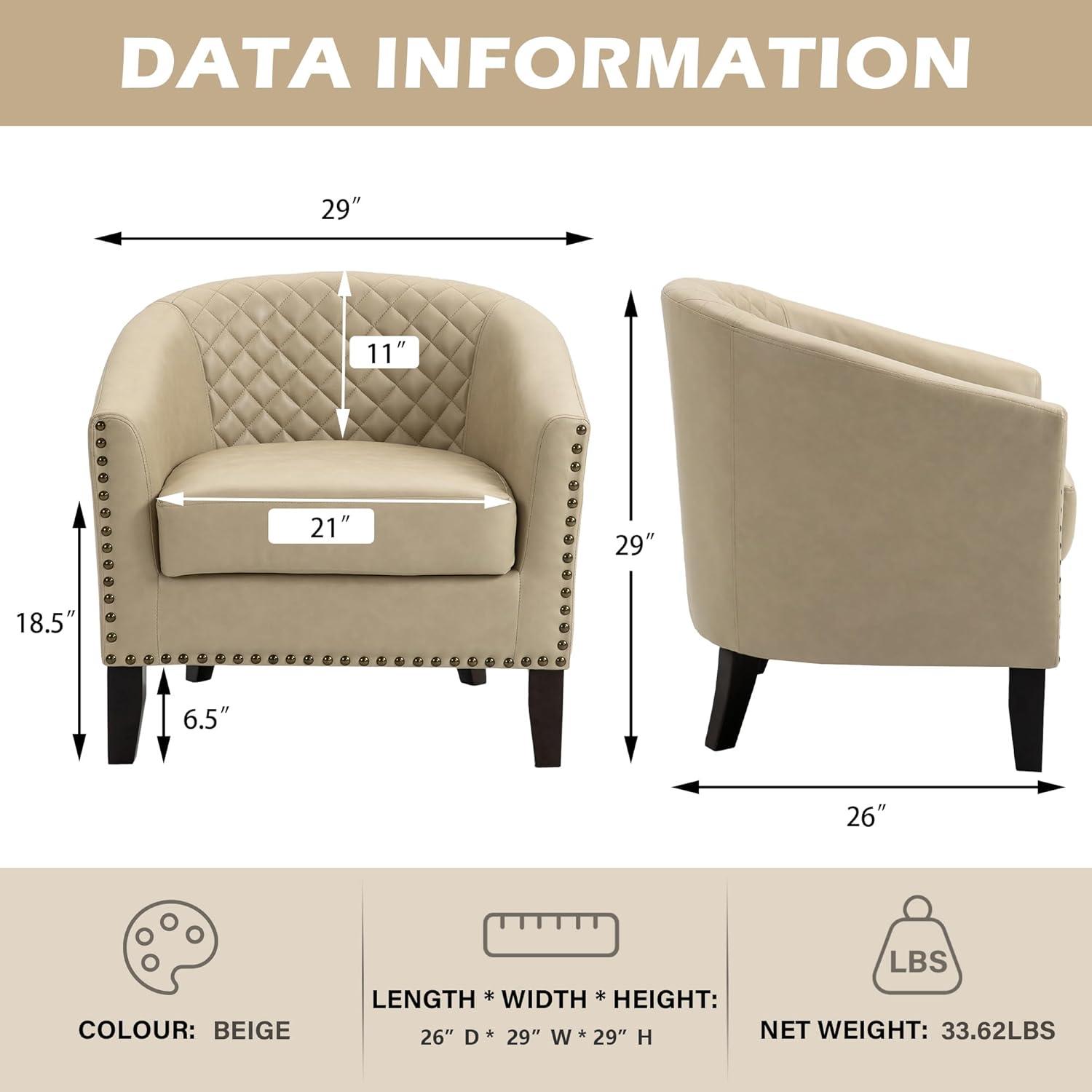 Beige Faux Leather Barrel Accent Chair with Nailhead Trim