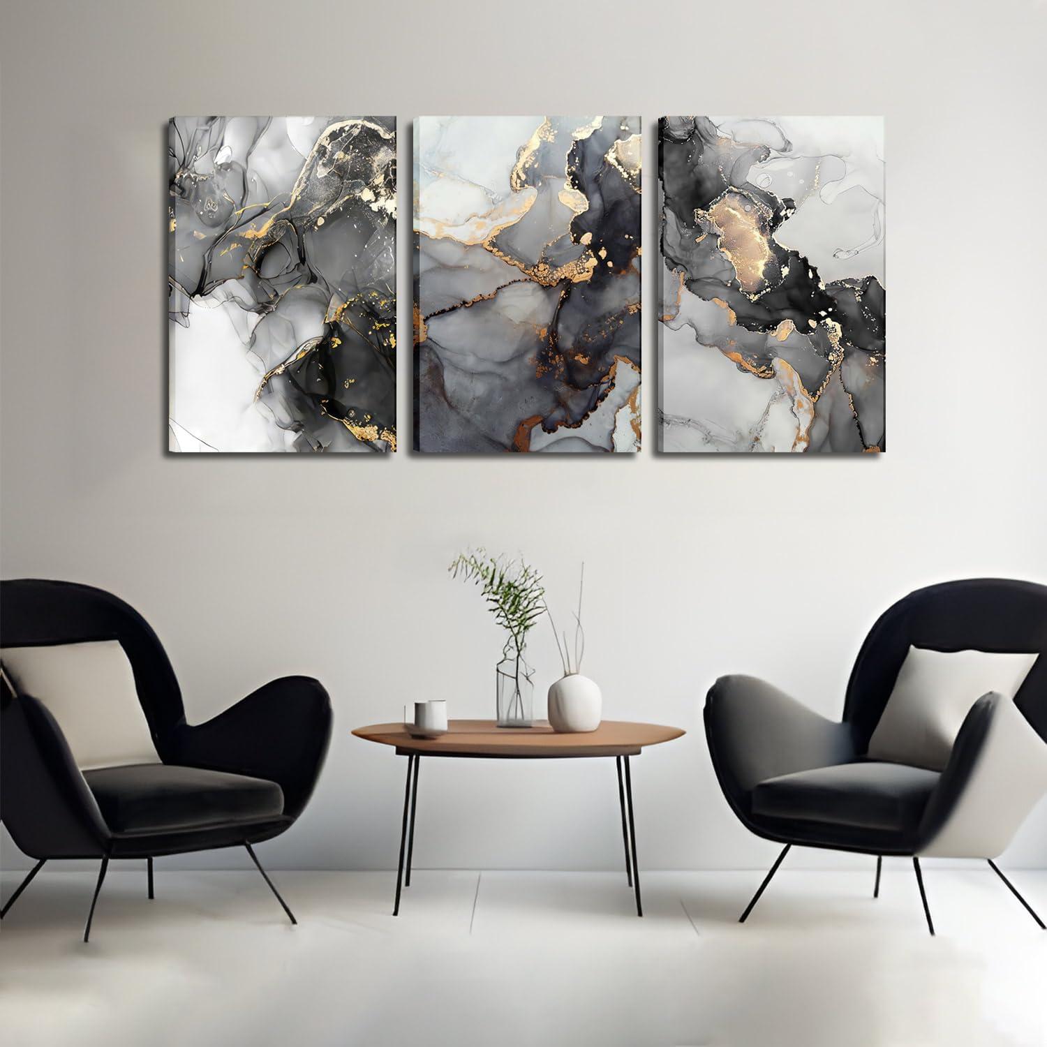 3Pcs Abstract Marble Wall Art Black and Gold Bathroom Decor Nordic Watercolor Gray White Fluid Ink Lines Canvas Picture Contemporary Painting Artwork for Living Room Bedroom Office Home Decor