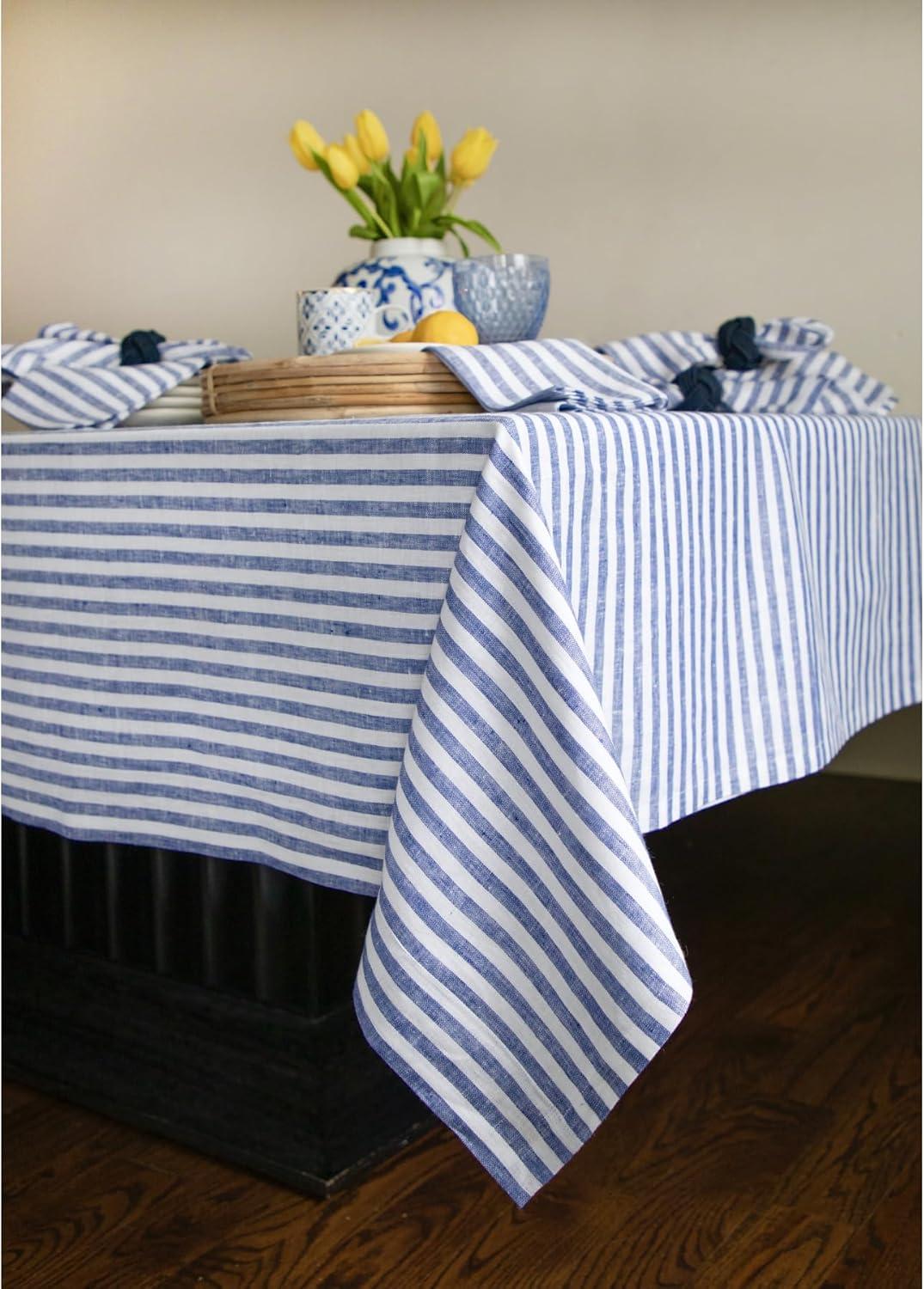 Navy and White Striped Linen Rectangular Tablecloth 60 x 90 Inch