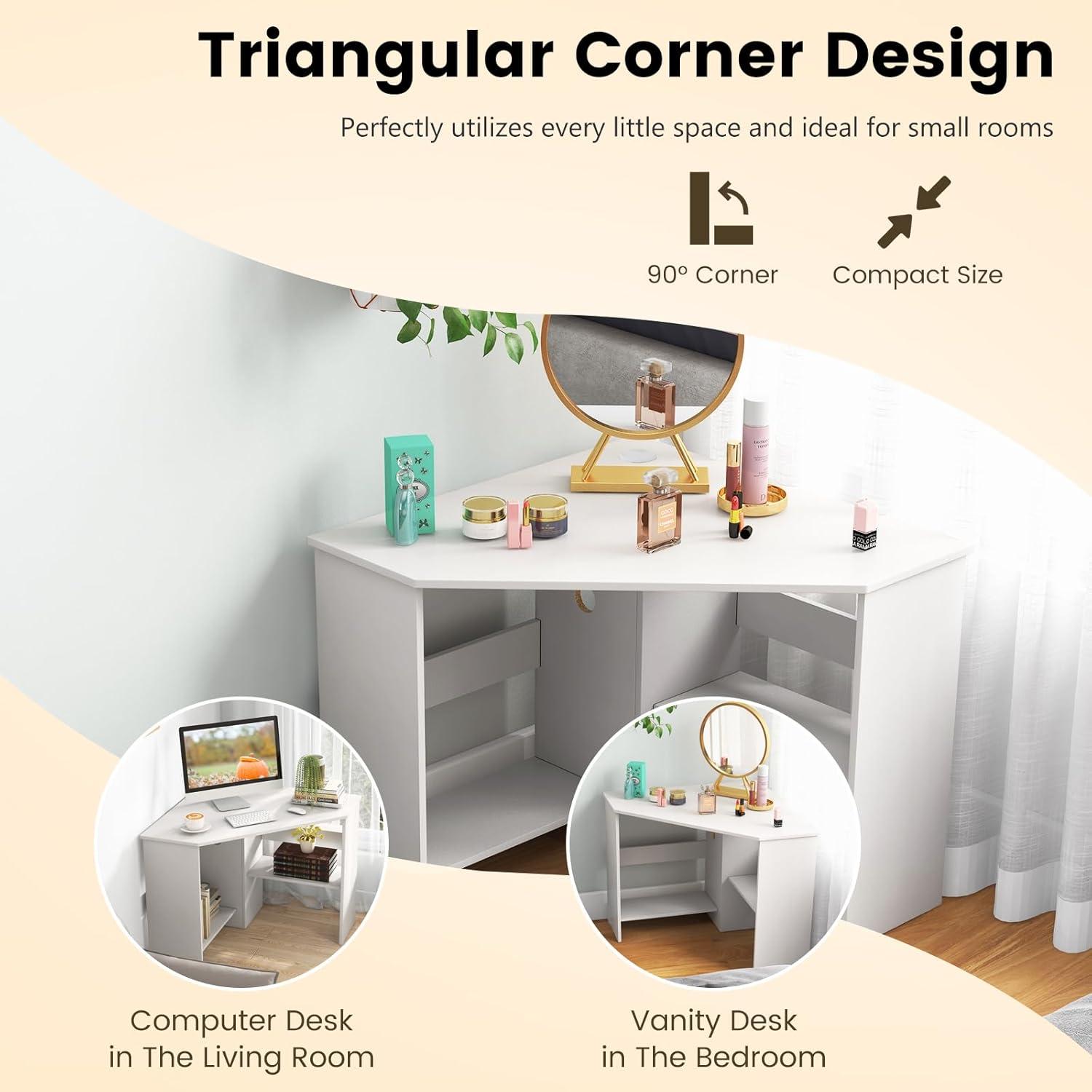 Costway Corner Computer Desk Triangle Writing Workstation w/ Storage Shelf White
