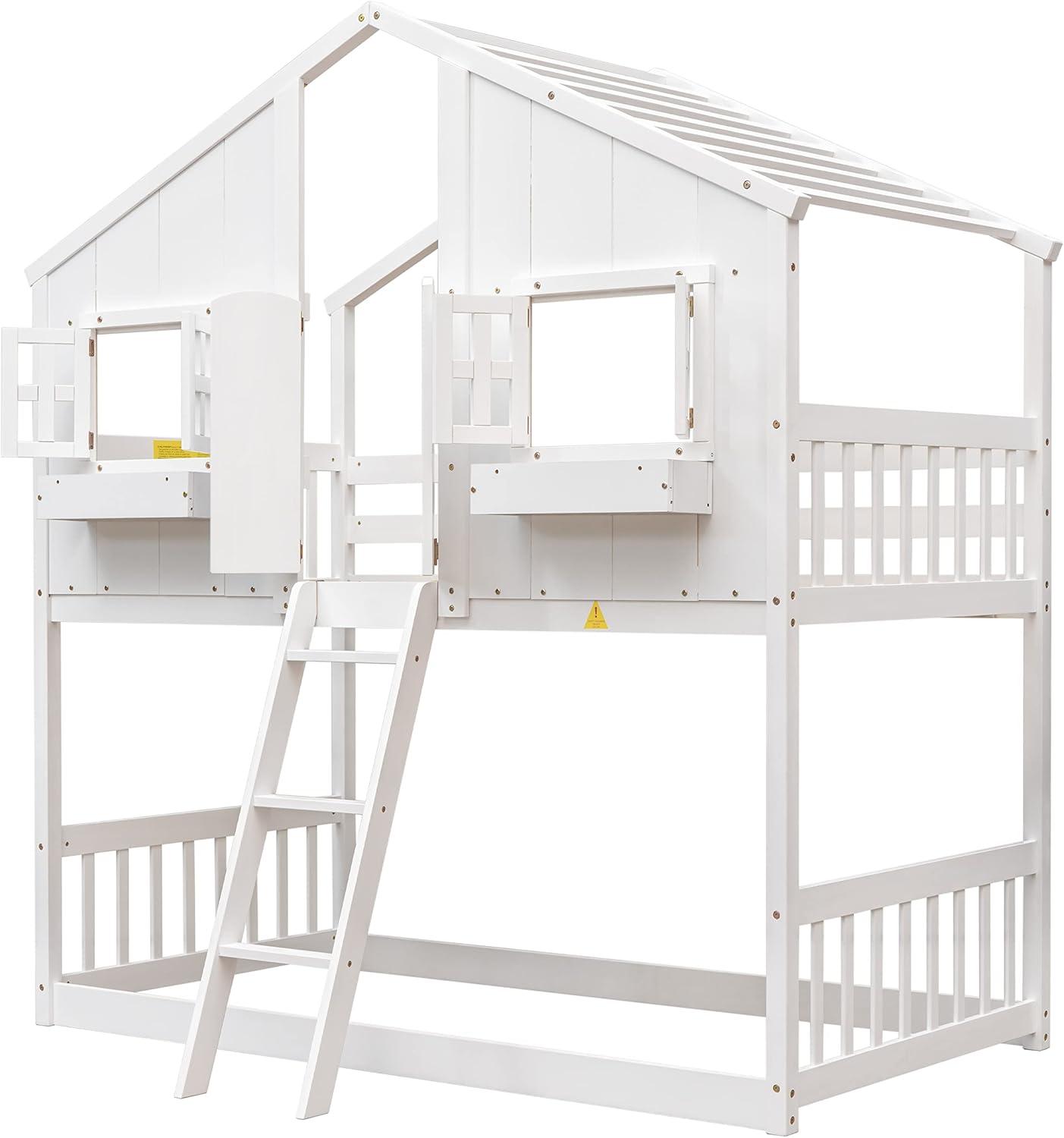 Harper & Bright Designs House Bunk Bed Twin Over Twin Kids Bunk Bed Wood Frame with Roof, Window, Window Box, Door, Safety Guardrails and Ladder, for Girls Boys (Twin Size, White)