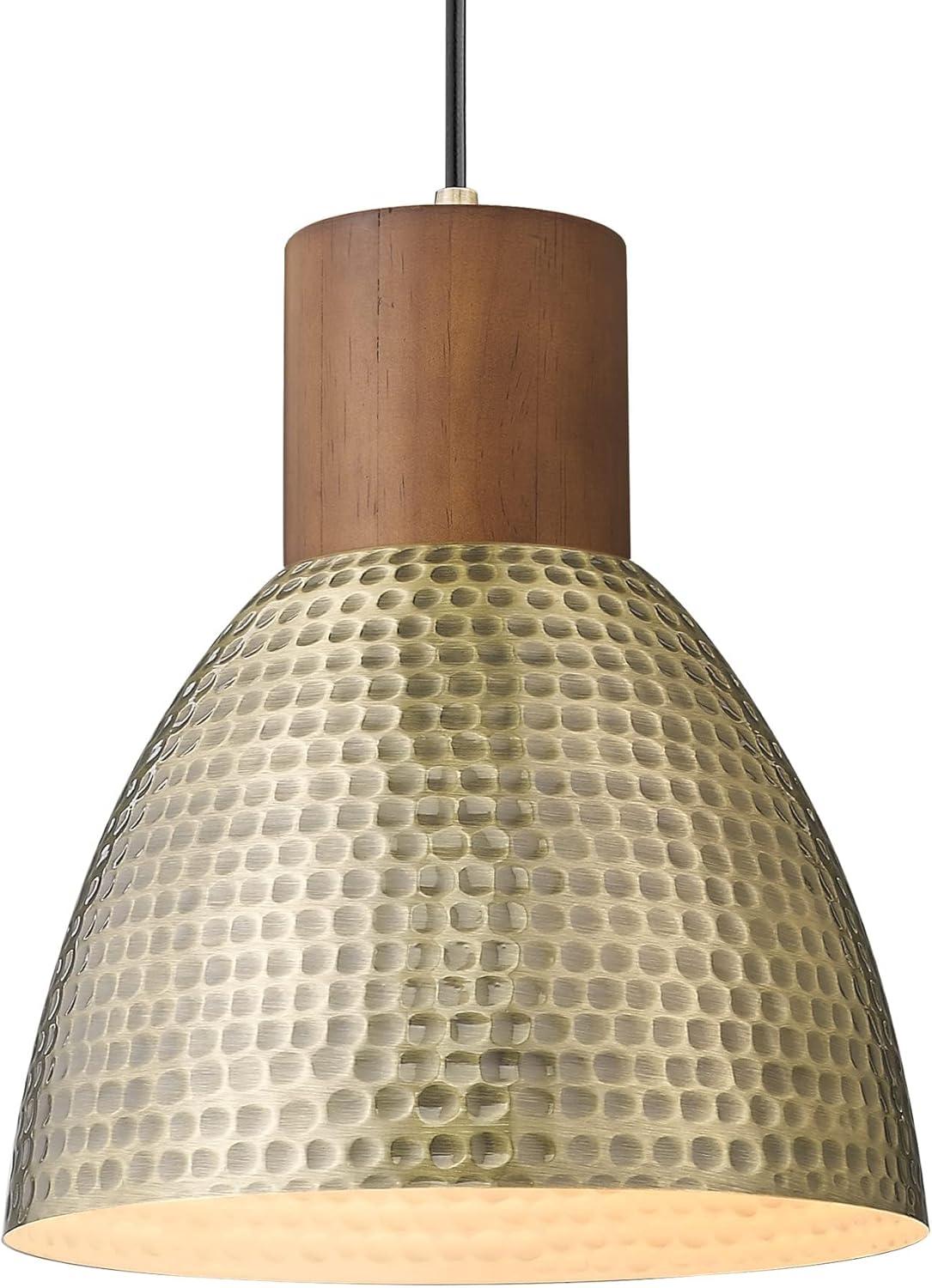 Vintage Brass and Wood Hammered Pendant Light