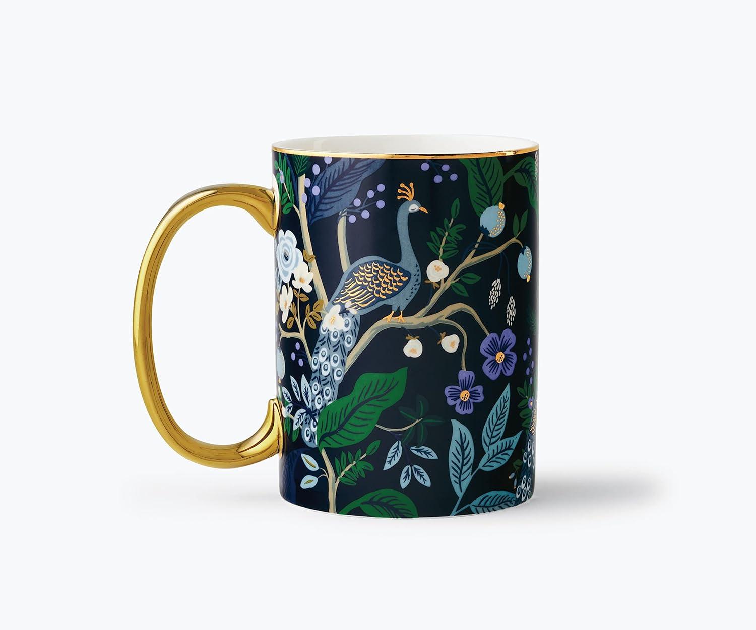 Midnight Blue Ceramic Peacock Mug with Gold Accents