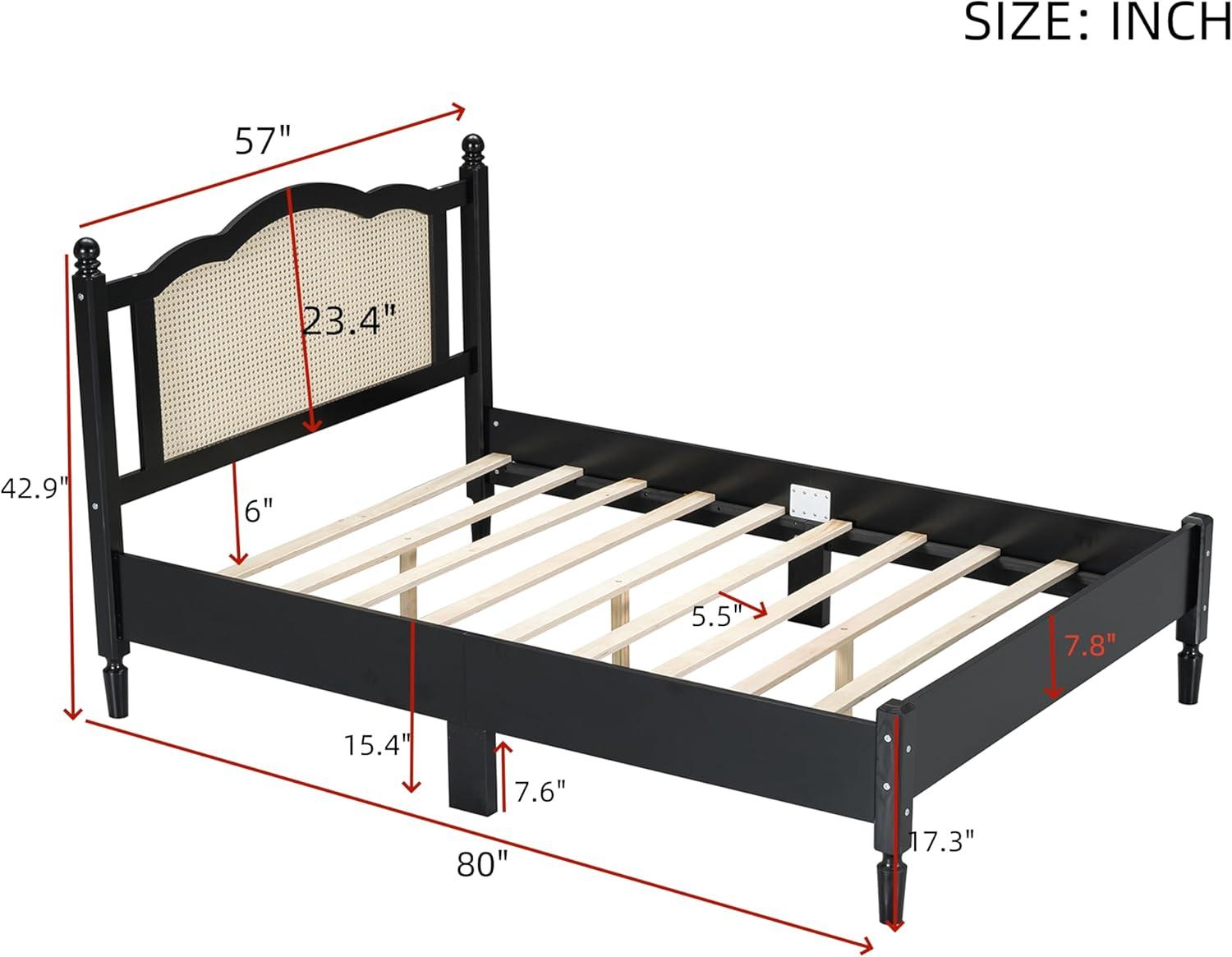 Wooden Platform Bed with Natural Rattan Headboard, Full Size Platform Bed with Wooden Slat Support, Vintage Rattan Bed Frame, No Box Spring Needed (Black,Full,233)