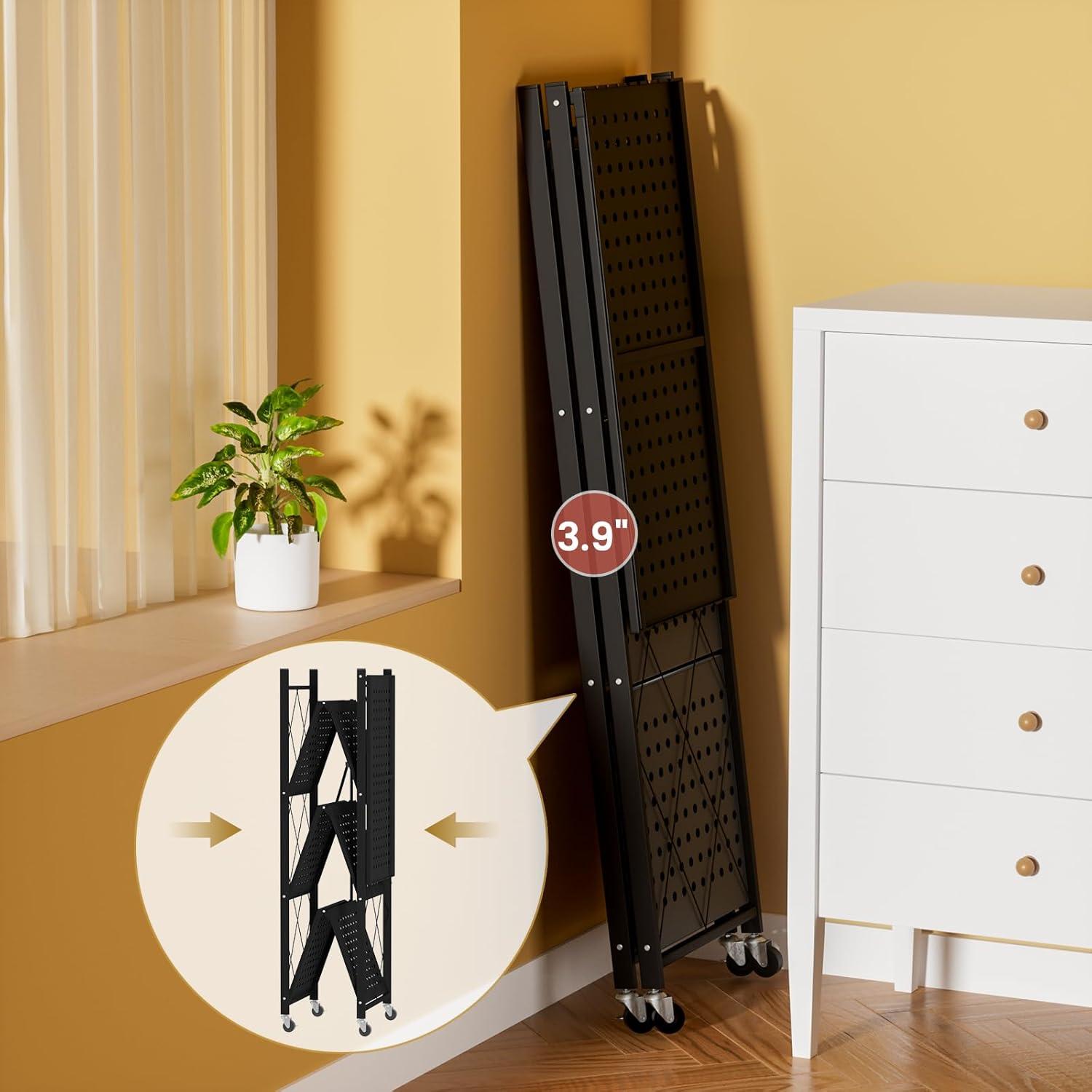 3-Tier Storage Shelves with Wheels, Folding Bookshelf No Assembly, Metal Display Shelf for Balcony, Kitchen, Basement, Pantry, White