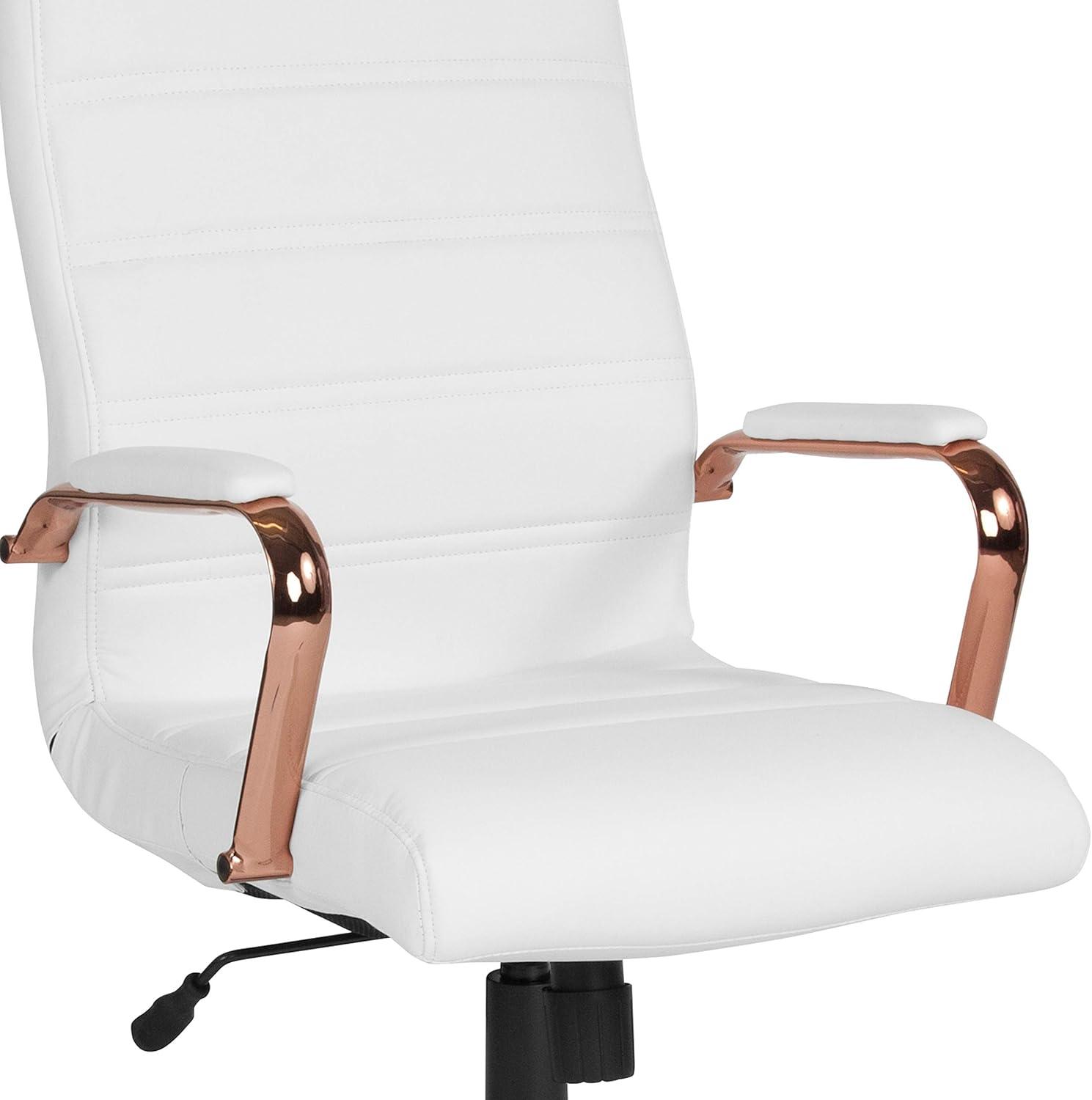 Emma and Oliver High Back White LeatherSoft Executive Swivel Office Chair - Rose Gold Frame/Arms