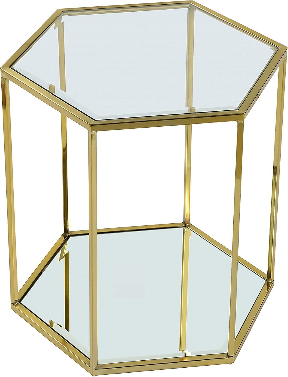 23.5" Brushed Gold and Glass Round Mirrored End Table with Storage