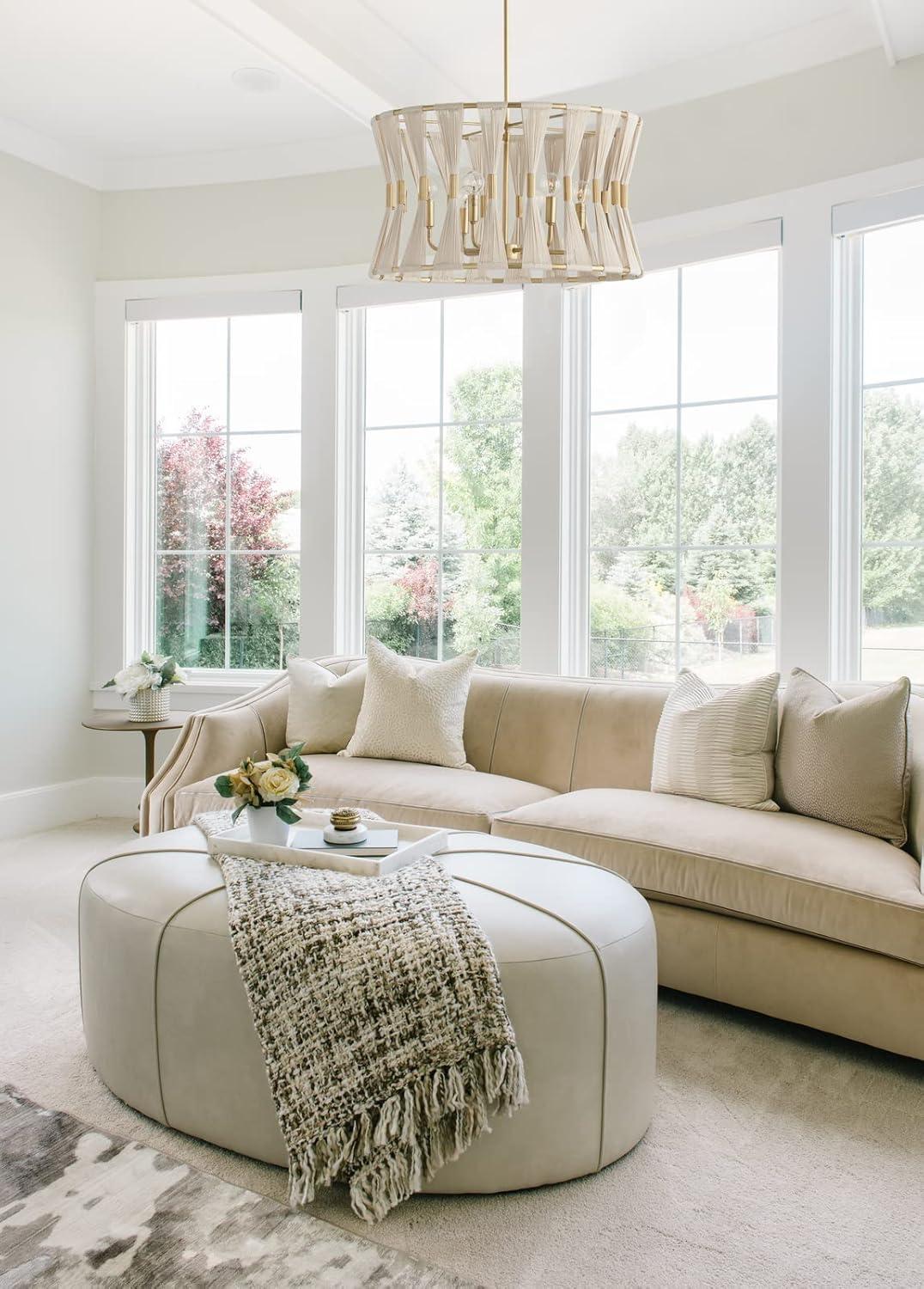 Bianca Mid-Century 6-Light Pendant in Bleached Rope & Patinaed Brass