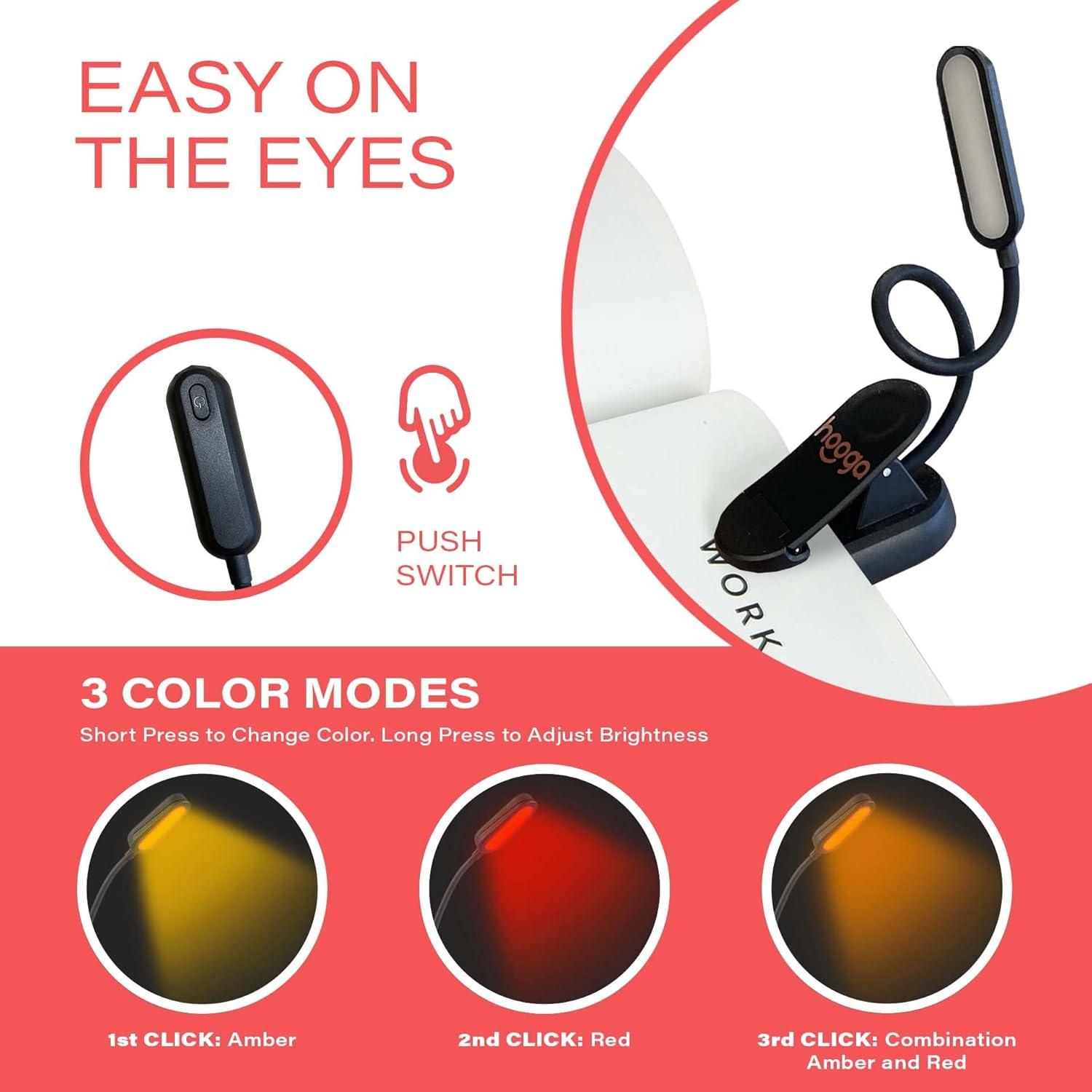 Book Light, Blue Light Blocking, Amber Clip-On Reading Light by Hooga. 1600K Warm LEDs for Reading in Bed. Sleep Aid Light. Rechargeable 1200mAh Battery. Adjustable Brightness. Works with Kindles