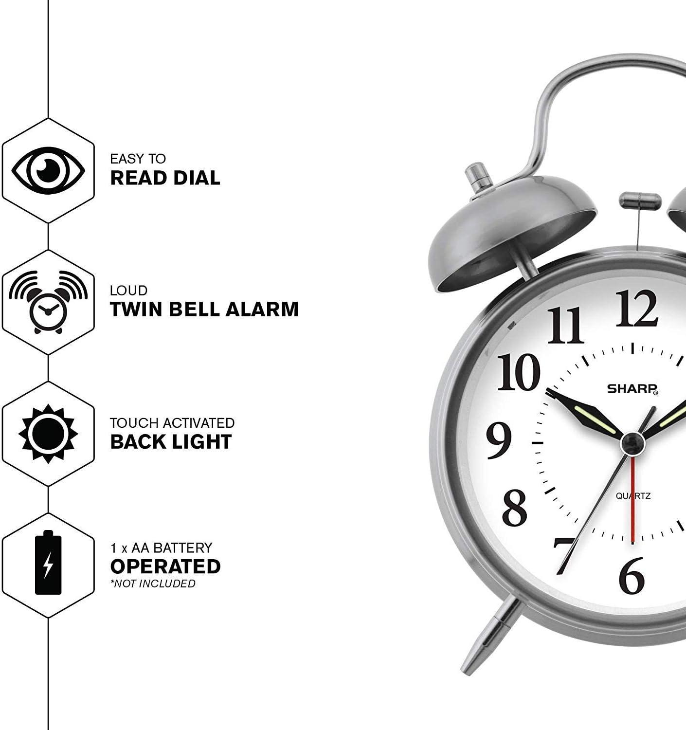 SHARP Twin Bell Quartz Analog Alarm Clock, Silver Brushed Metal, Loud Alarm, Battery Operated